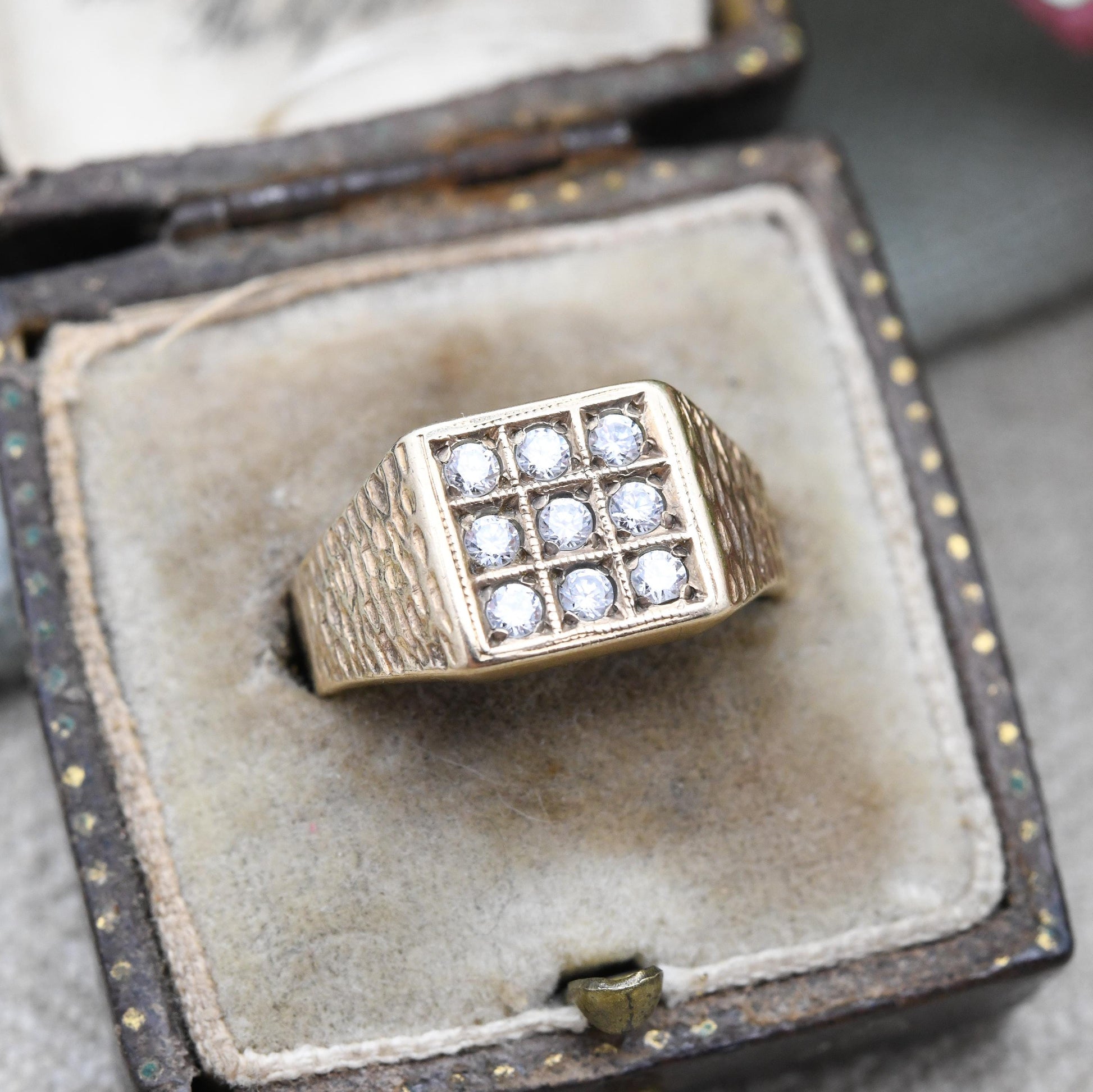 Vintage 9ct Gold CZ Signet Ring - 3 Rows | White Stone | Unisex Solid Yellow Gold Jewellery Gift for Him | UK Size - L | US Size - 5 3/4
