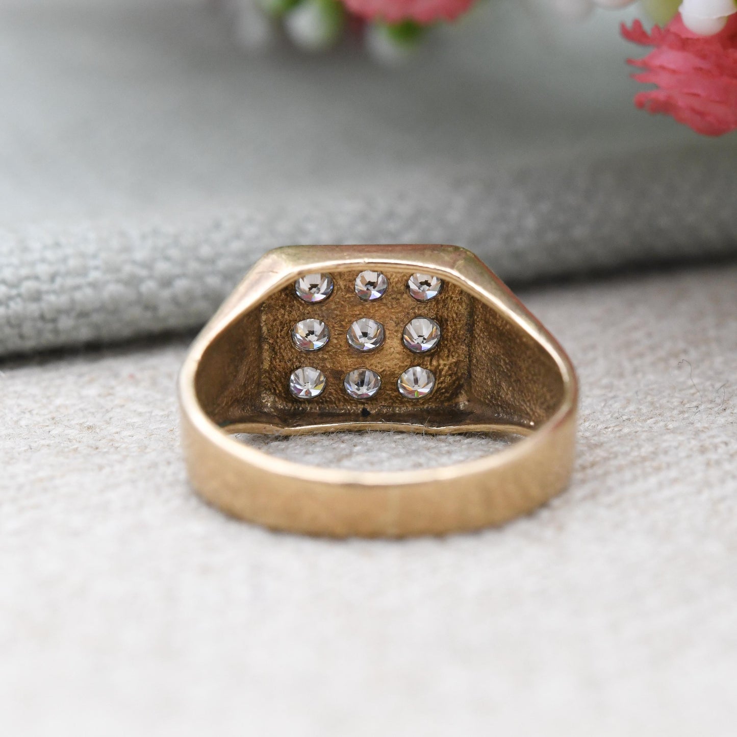 Vintage 9ct Gold CZ Signet Ring - 3 Rows | White Stone | Unisex Solid Yellow Gold Jewellery Gift for Him | UK Size - L | US Size - 5 3/4