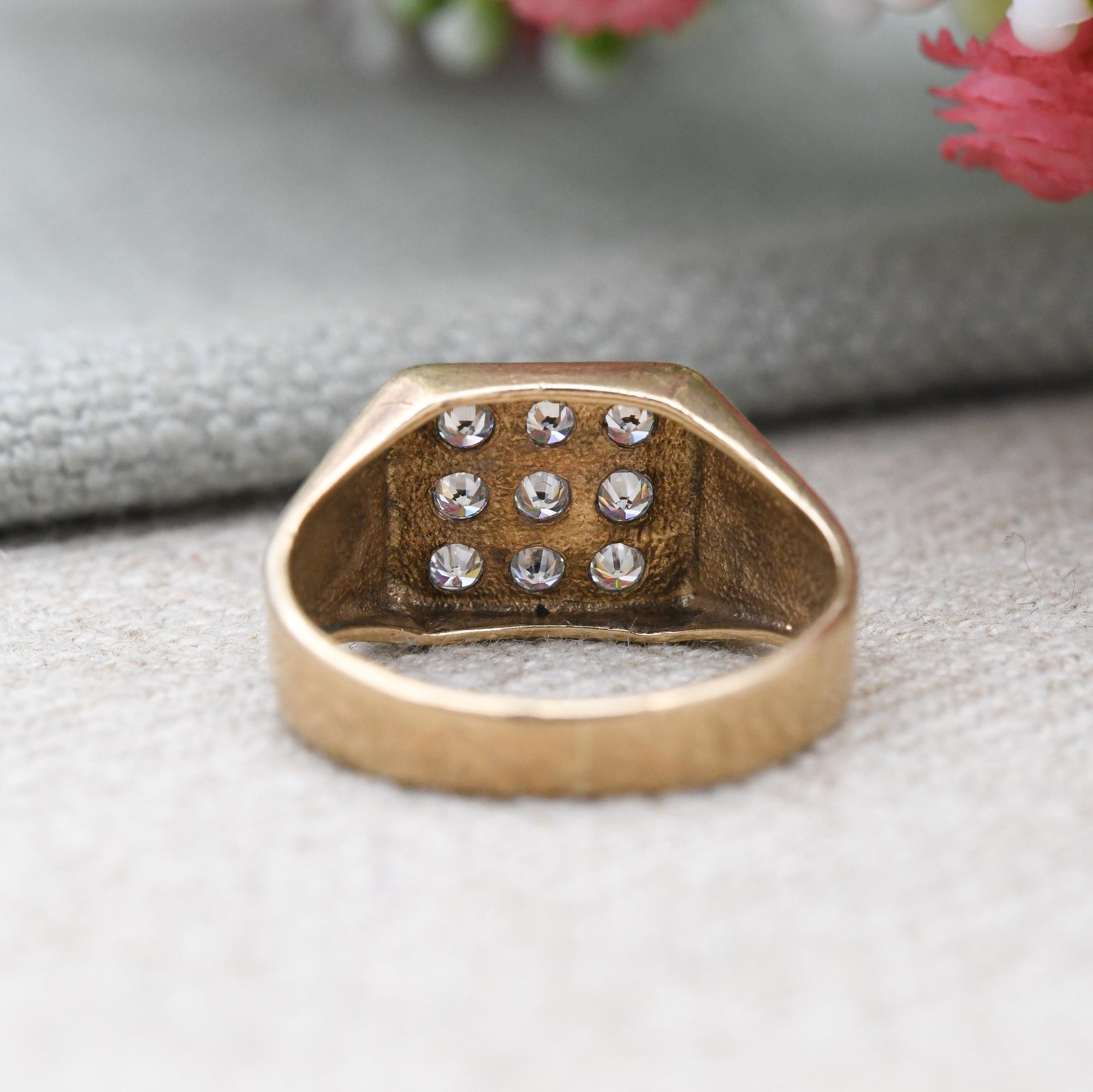 Vintage 9ct Gold CZ Signet Ring - 3 Rows | White Stone | Unisex Solid Yellow Gold Jewellery Gift for Him | UK Size - L | US Size - 5 3/4