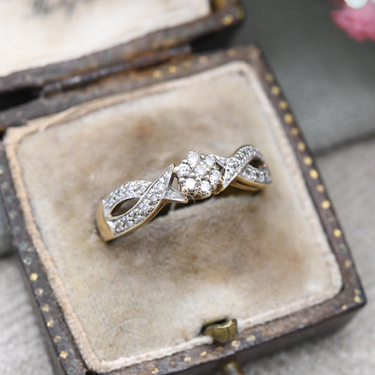 Vintage 9ct Gold and Diamond Cluster Ring - Twist Pretty Gold Jewellery Gift for Her | UK Size - R 1/2 | US Size - 8 3/4
