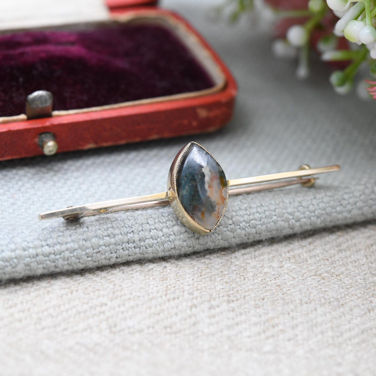Antique Edwardian 9ct Gold Moss Agate Bar Brooch - Nature | Pretty Antique Gift | Solid Gold Gemstone Jewellery | Statement Pin