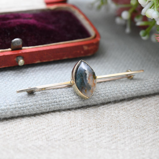 Antique Edwardian 9ct Gold Moss Agate Bar Brooch - Nature | Pretty Antique Gift | Solid Gold Gemstone Jewellery | Statement Pin