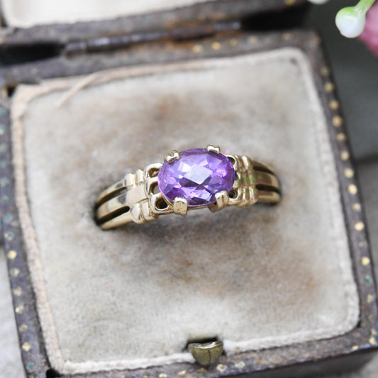 Vintage 9ct Gold Faceted Amethyst Gems TV Ring - 2005 Design Purple Stone Solitaire | UK Size - N 1/2 | US Size - 6 3/4