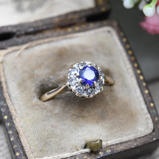 Vintage 9ct Gold Ring Blue Stone Halo - Large Deep Blue Synthetic Stone Cocktail Ring | UK Size - P | US Size - 7 1/2