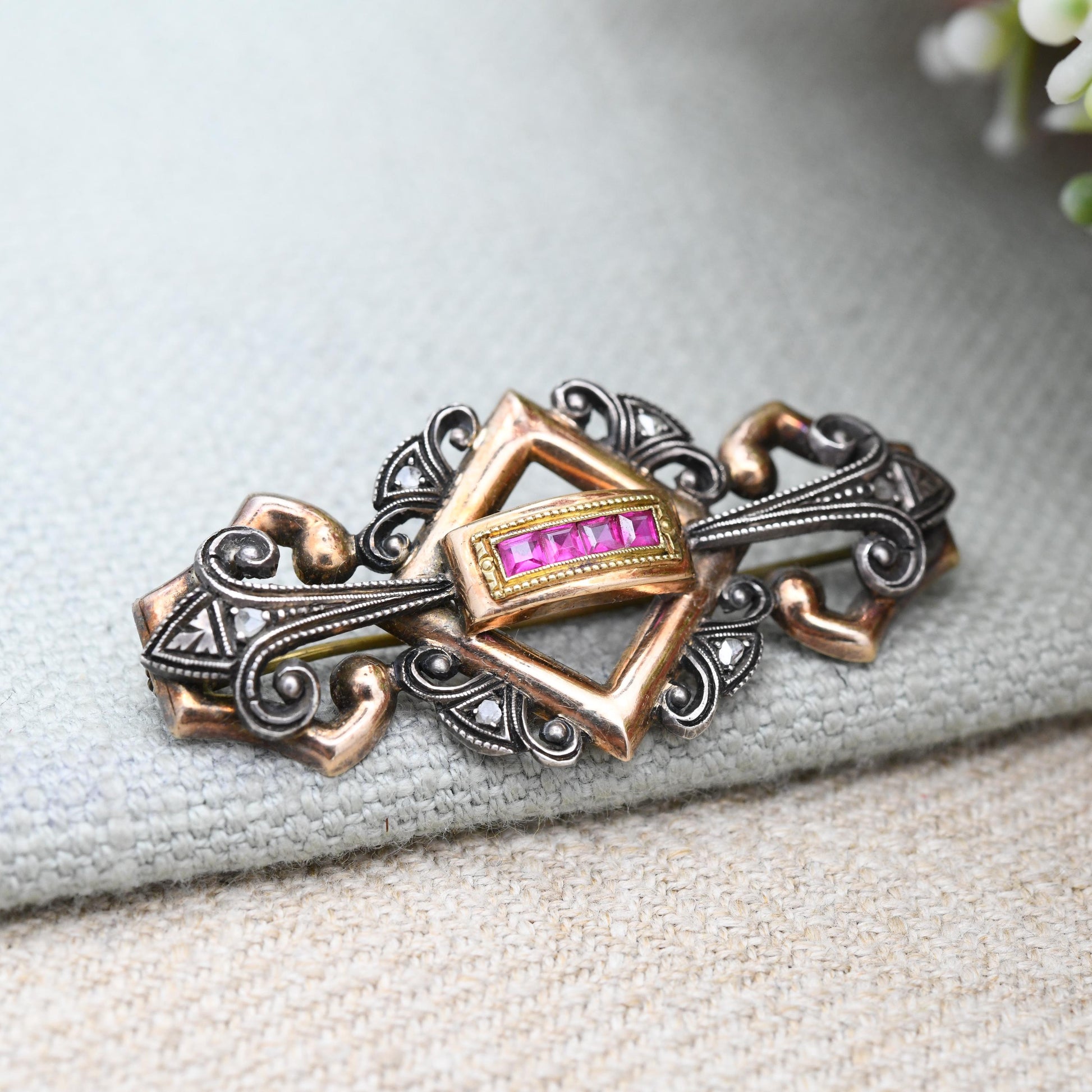 Antique 18ct Gold and Silver Ruby and Diamond Brooch - Ornate Period Jewellery | Beautiful Gift for Her | c. 1900 - 1930