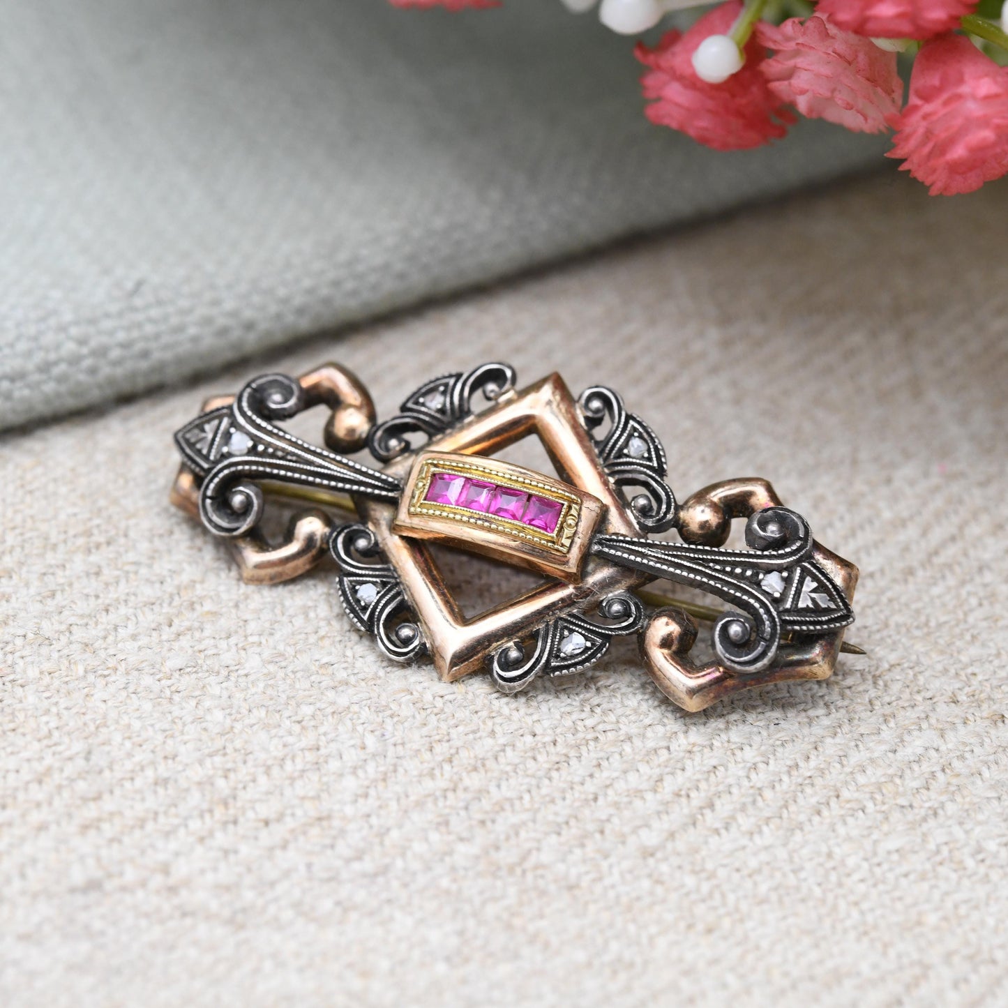 Antique 18ct Gold and Silver Ruby and Diamond Brooch - Ornate Period Jewellery | Beautiful Gift for Her | c. 1900 - 1930