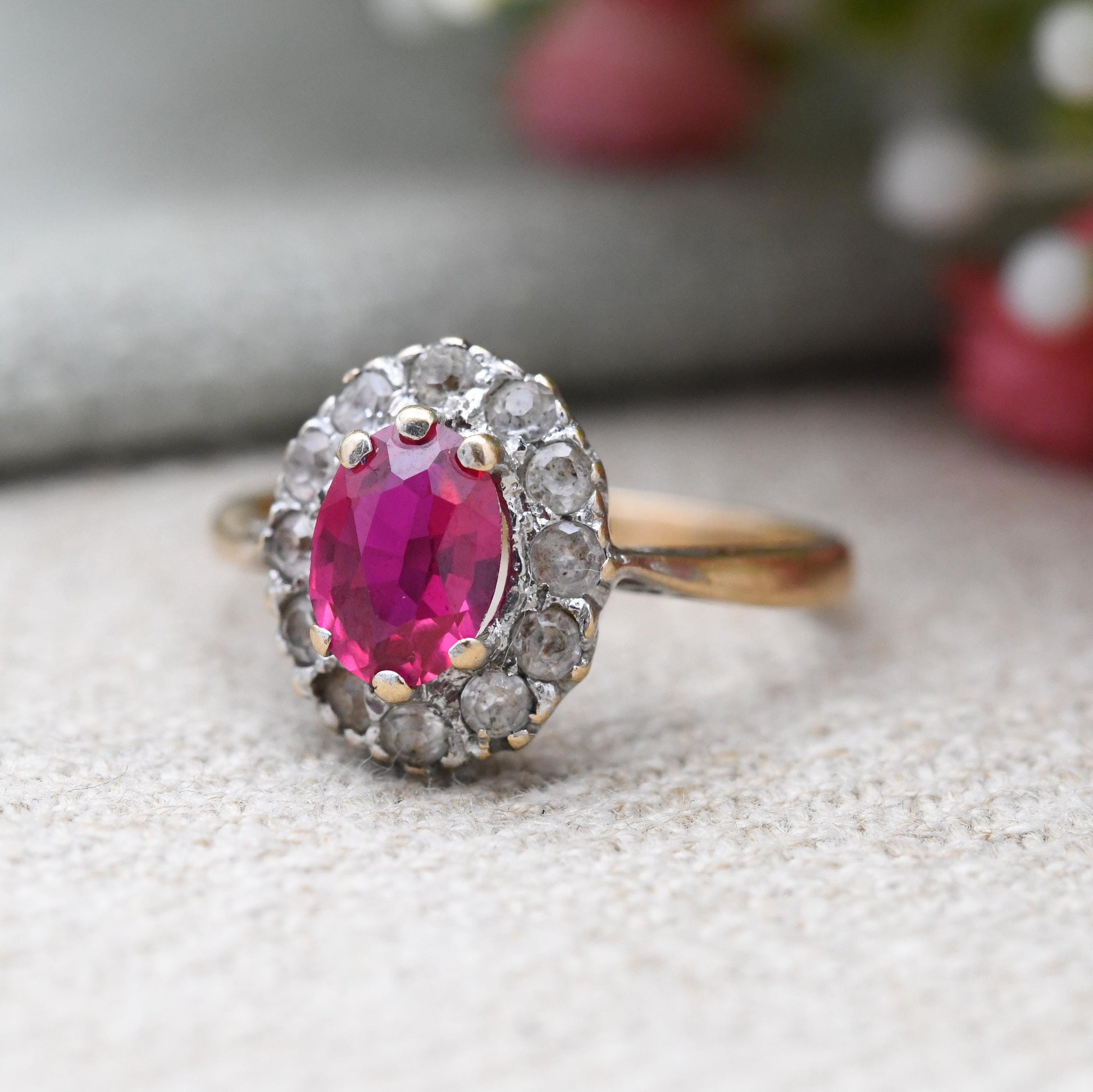 Vintage 9ct Gold Ruby Cluster ring with Clear Stones - Floral Pretty Gold Jewellery Gift for Her | UK Size - K 1/2 | US Size - 5 1/2