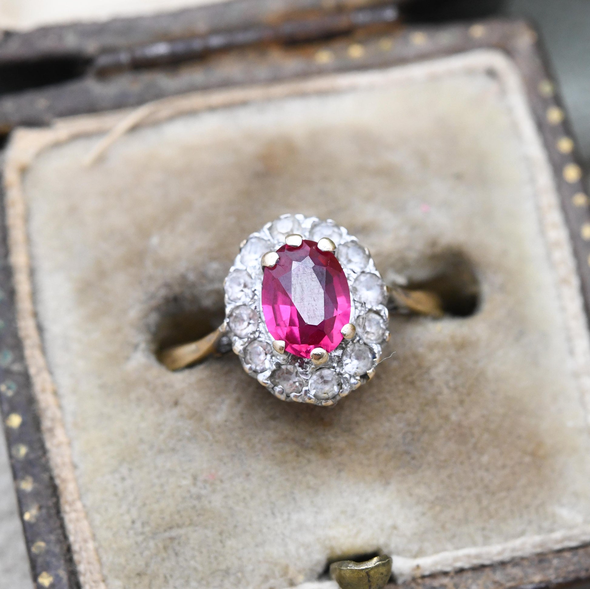 Vintage 9ct Gold Ruby Cluster ring with Clear Stones - Floral Pretty Gold Jewellery Gift for Her | UK Size - K 1/2 | US Size - 5 1/2
