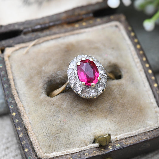 Vintage 9ct Gold Ruby Cluster ring with Clear Stones - Floral Pretty Gold Jewellery Gift for Her | UK Size - K 1/2 | US Size - 5 1/2