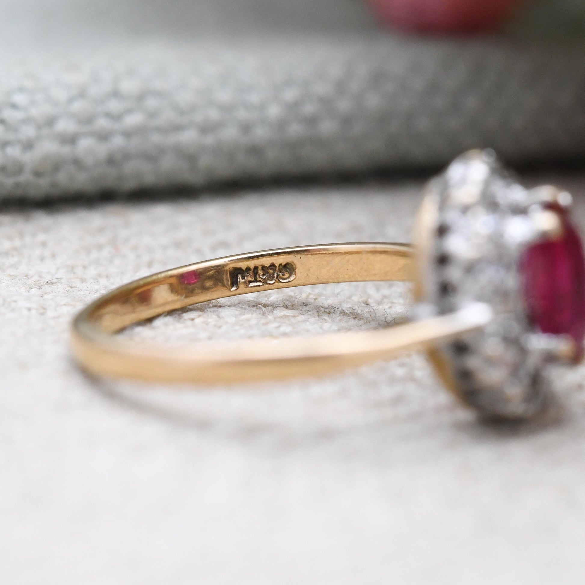 Vintage 9ct Gold Ruby Cluster ring with Clear Stones - Floral Pretty Gold Jewellery Gift for Her | UK Size - K 1/2 | US Size - 5 1/2