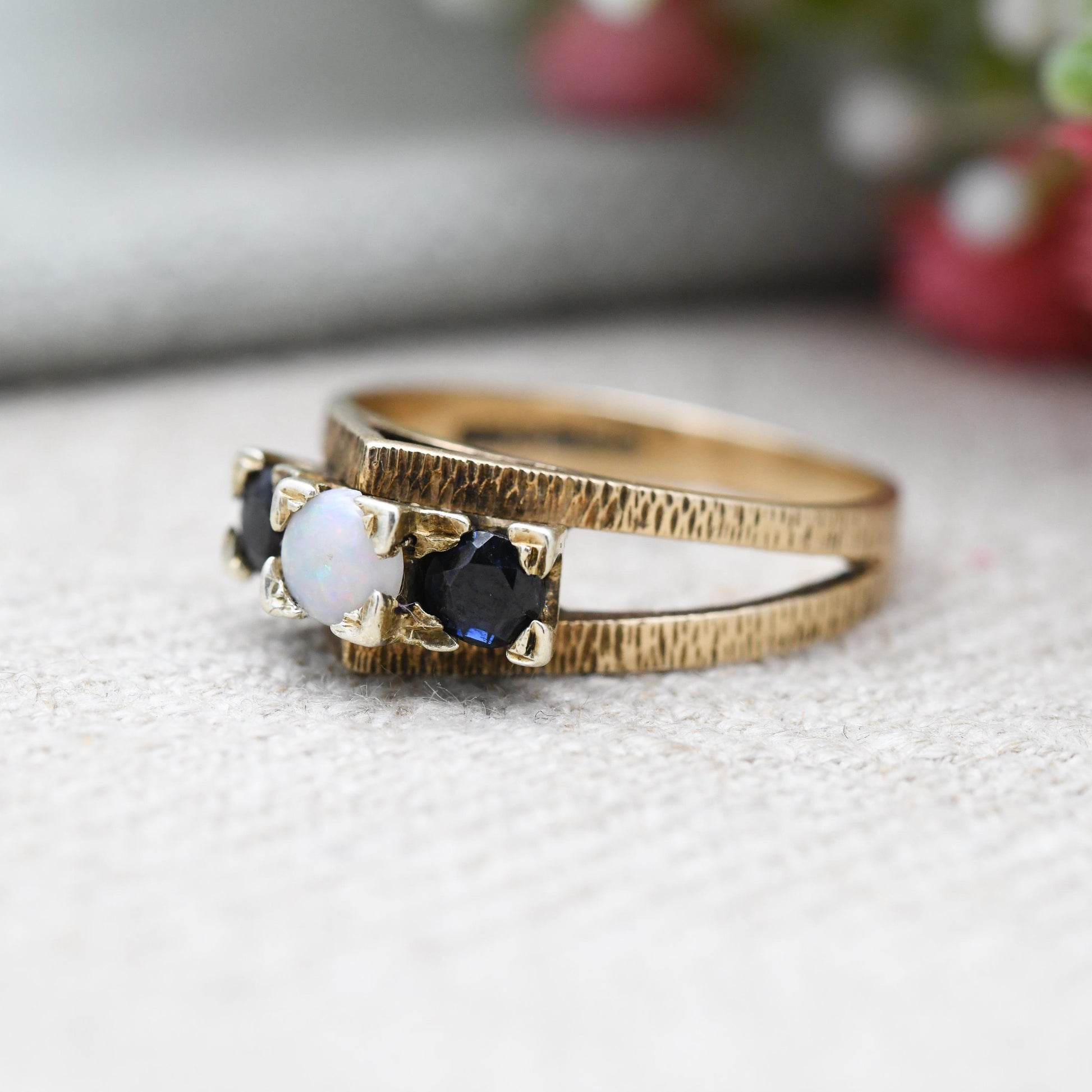 Vintage 9ct Gold Sapphire and Opal Three Stone Ring 1975 - 3 Stone Stacking | Bark Texture Gemstone Gift | UK Size - O 1/2 | US Size - 7 1/2