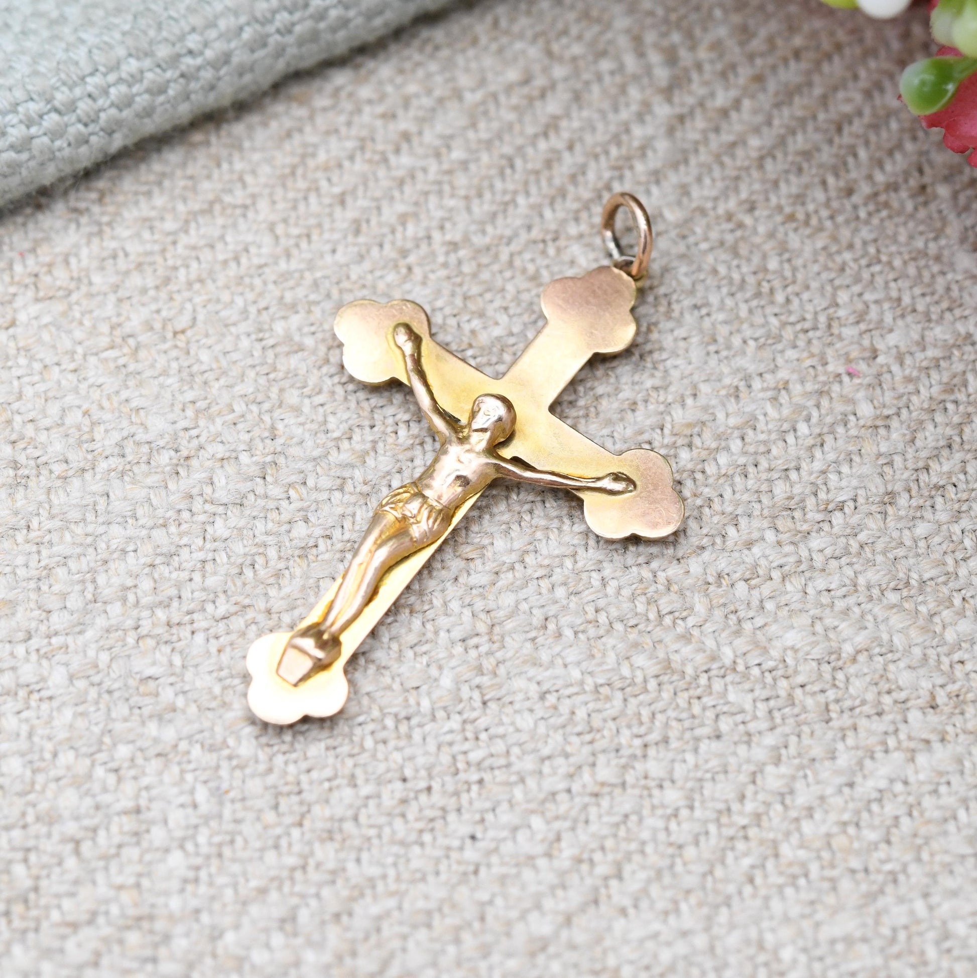 Antique 9ct Gold Crucifix Pendant - Jesus on the Cross Solid Yellow Gold Jewellery Religious Necklace Christening Baptism