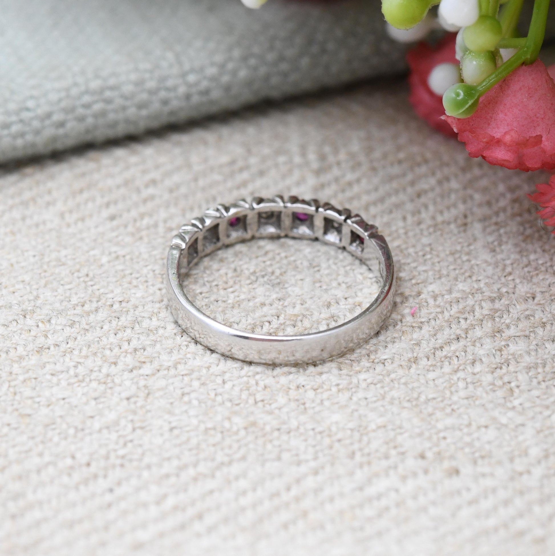 Vintage 9ct White Gold Ruby Diamond Half Eternity Ring - LDP | UK Size - M 1/2 | US Size - 6 1/2