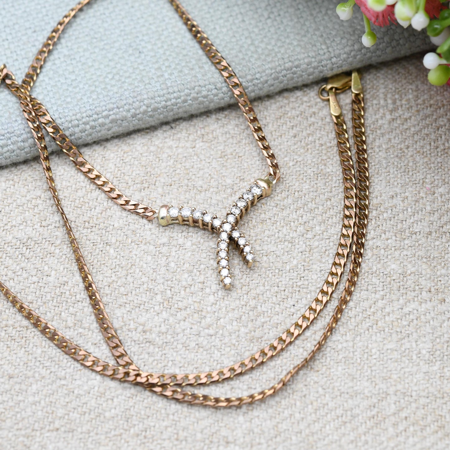 0.5 Carat Diamond Necklace 9ct Gold Vintage 1994 50 Points - 9K Solid Rose Gold Chain Flat Links | 53.5cm | 21"