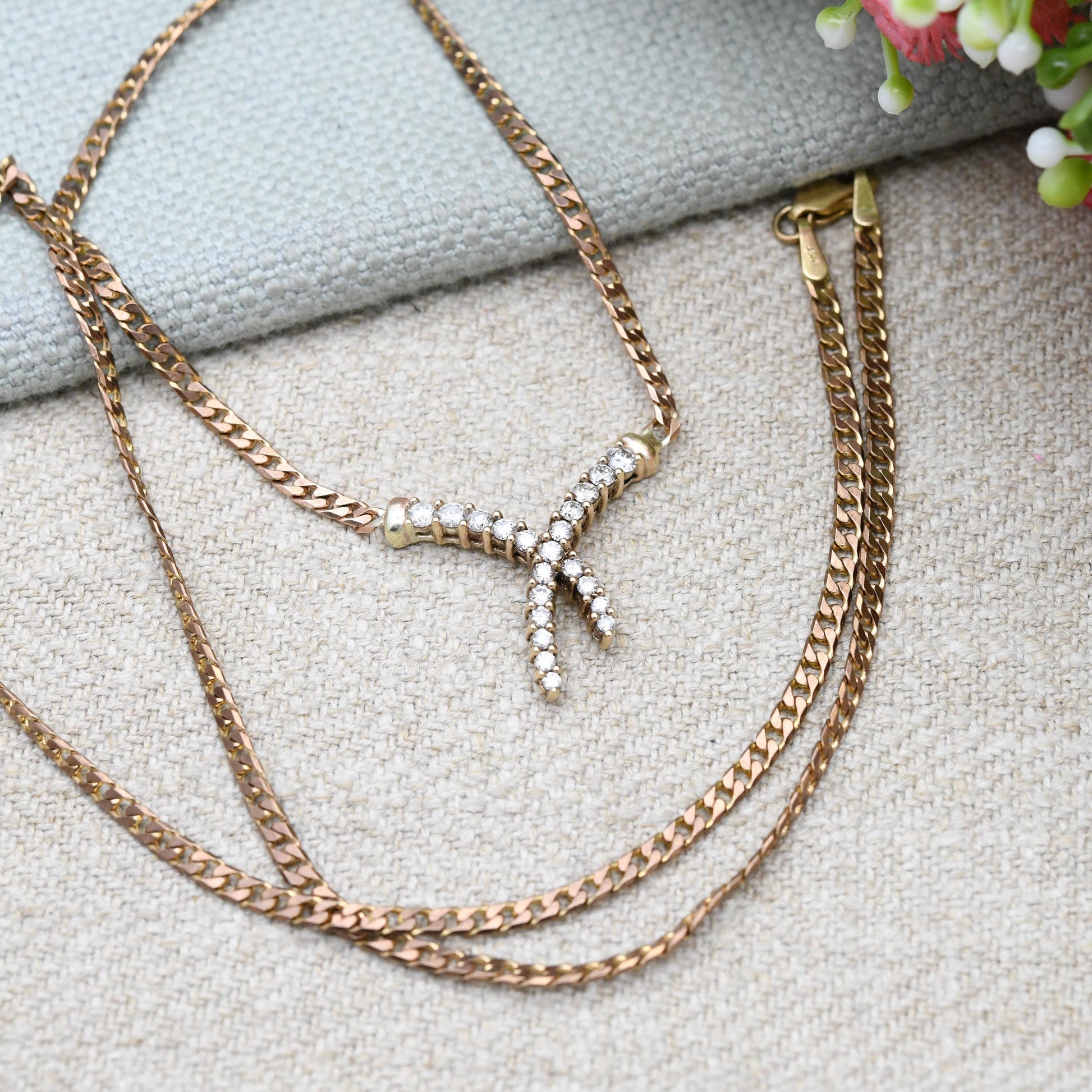 0.5 Carat Diamond Necklace 9ct Gold Vintage 1994 50 Points - 9K Solid Rose Gold Chain Flat Links | 53.5cm | 21"