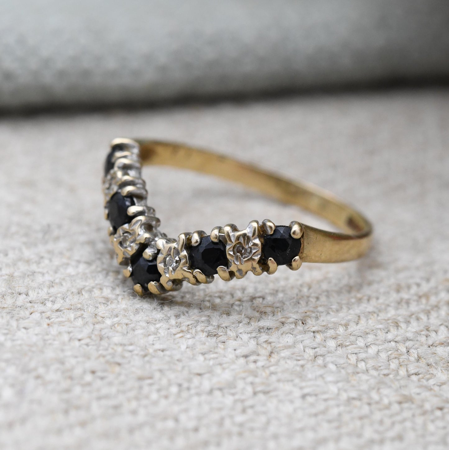 Vintage 9ct Gold Sapphire and Diamond Half Eternity Ring - Alternate Blue White Gem Stacking Ring | UK Size - I 1/2 | US Size - 4 1/2