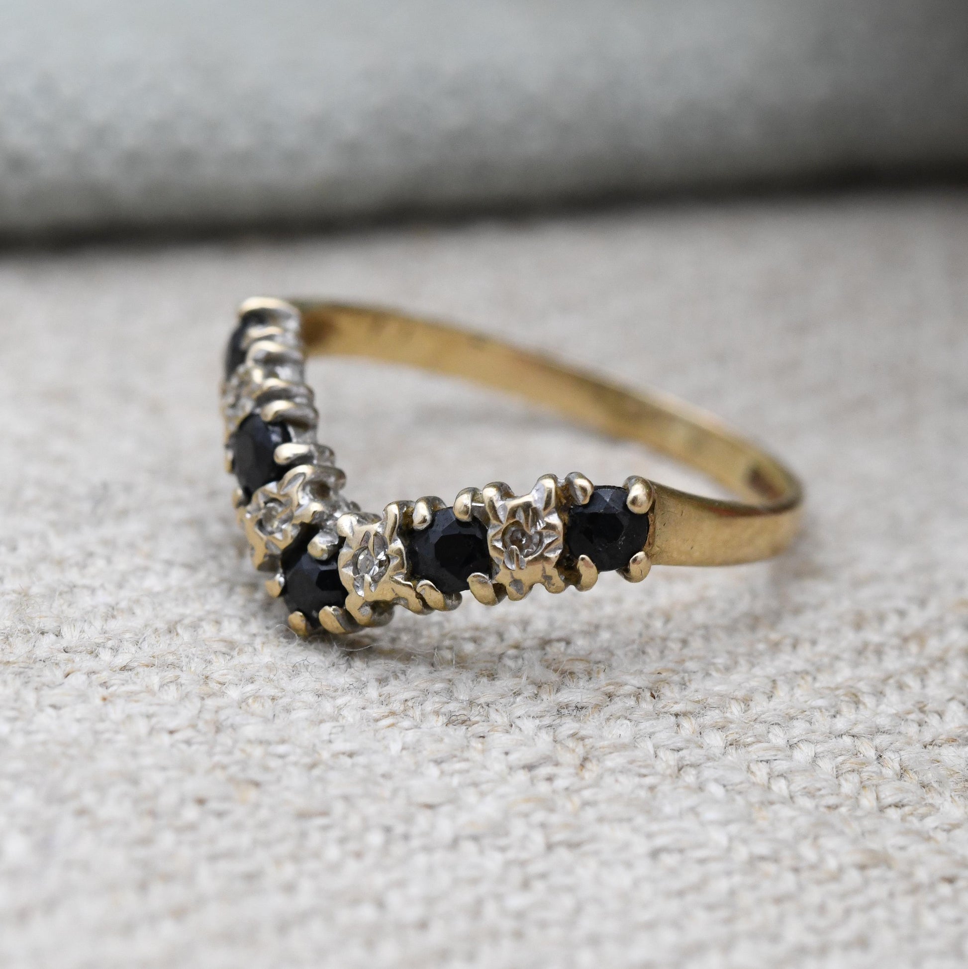 Vintage 9ct Gold Sapphire and Diamond Half Eternity Ring - Alternate Blue White Gem Stacking Ring | UK Size - I 1/2 | US Size - 4 1/2