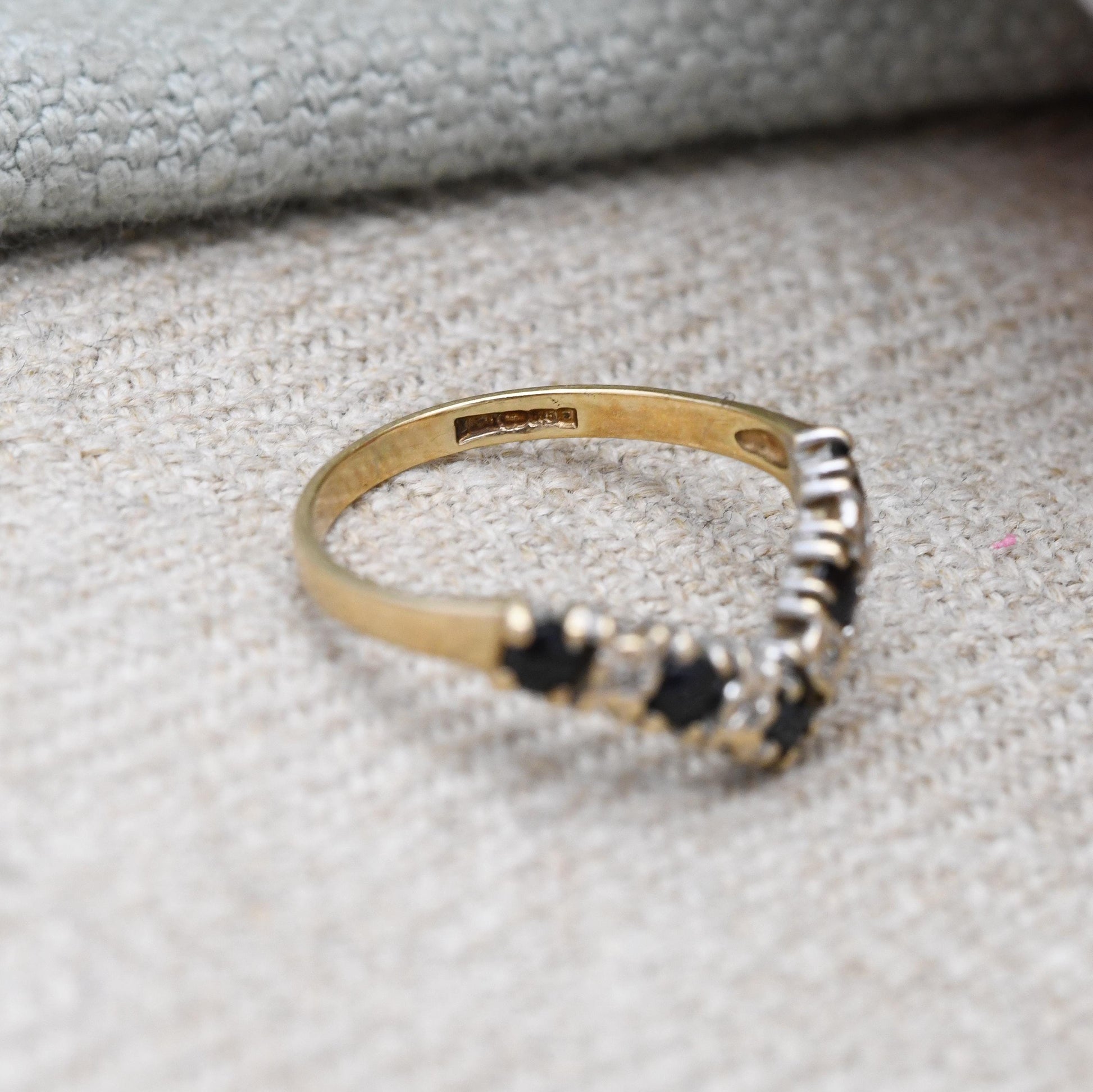Vintage 9ct Gold Sapphire and Diamond Half Eternity Ring - Alternate Blue White Gem Stacking Ring | UK Size - I 1/2 | US Size - 4 1/2