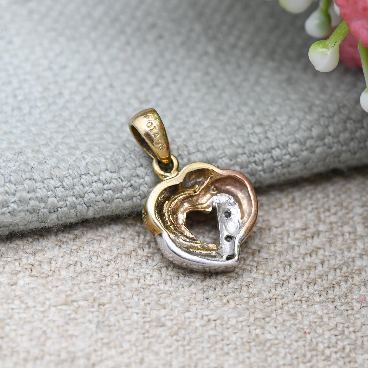 Vintage 9ct Gold Heart Pendant with Diamonds - Interlocked Love Heart Charm Gift for Her Necklace Stack | Yellow and Rose Gold