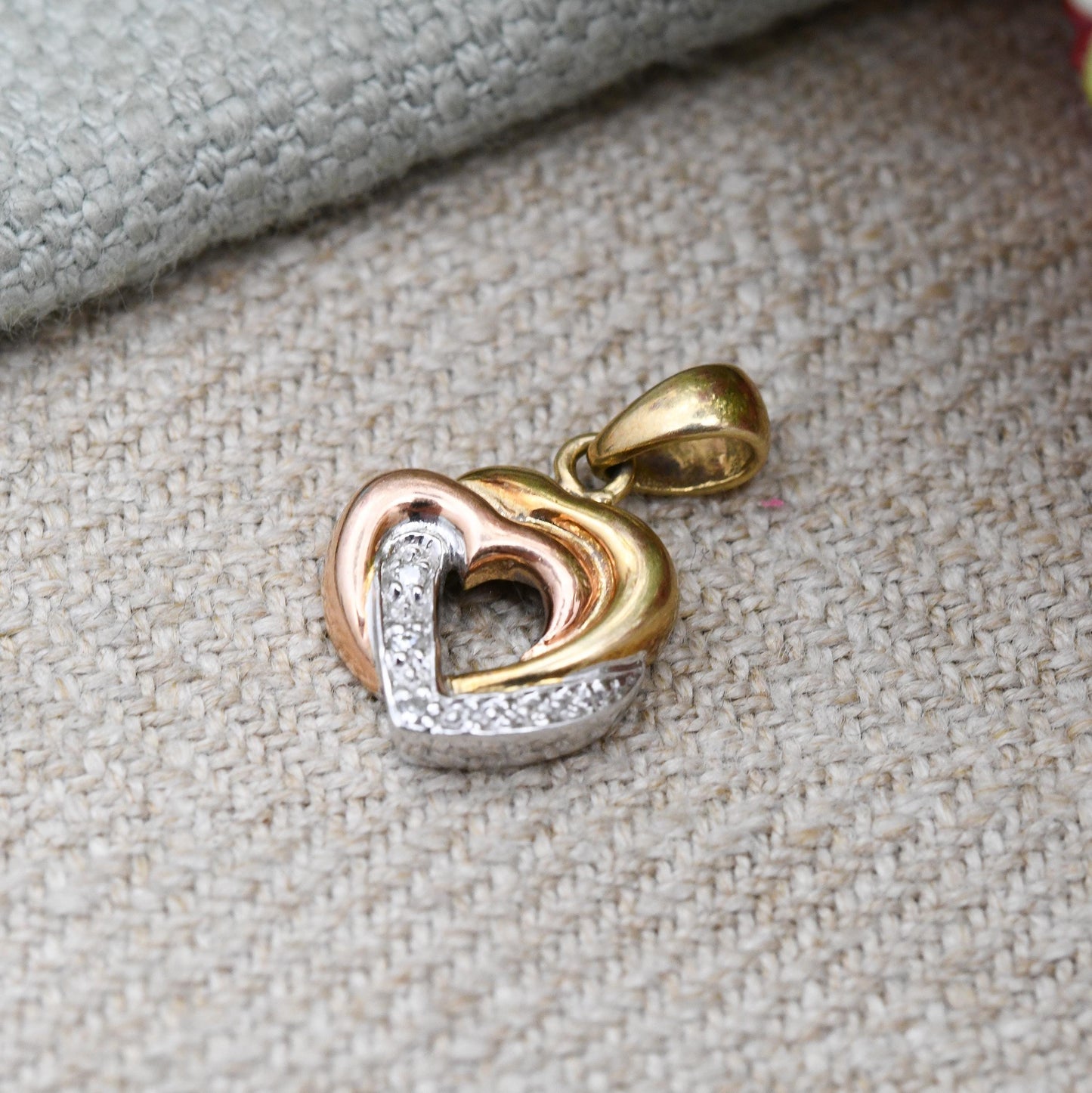 Vintage 9ct Gold Heart Pendant with Diamonds - Interlocked Love Heart Charm Gift for Her Necklace Stack | Yellow and Rose Gold