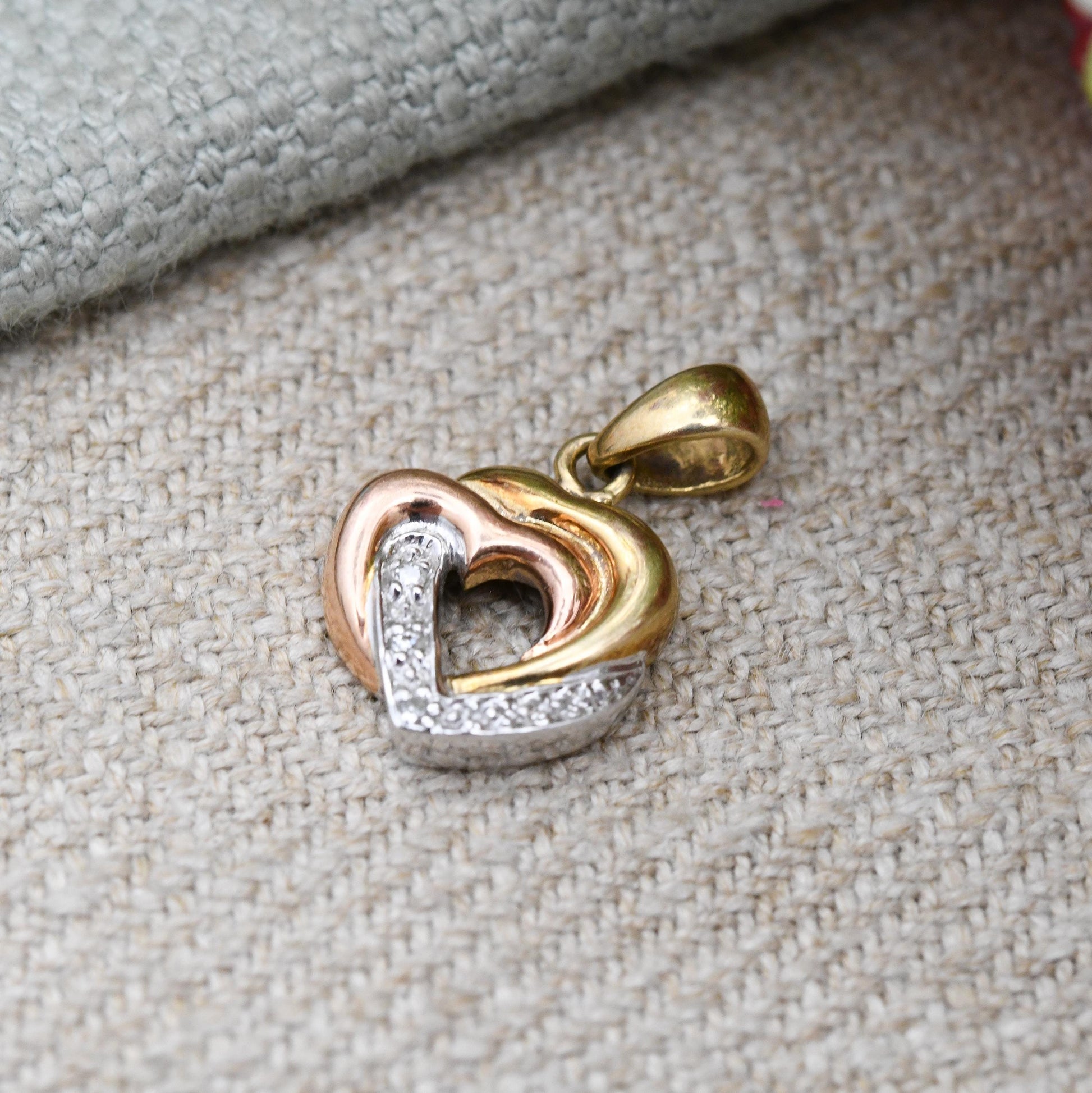 Vintage 9ct Gold Heart Pendant with Diamonds - Interlocked Love Heart Charm Gift for Her Necklace Stack | Yellow and Rose Gold