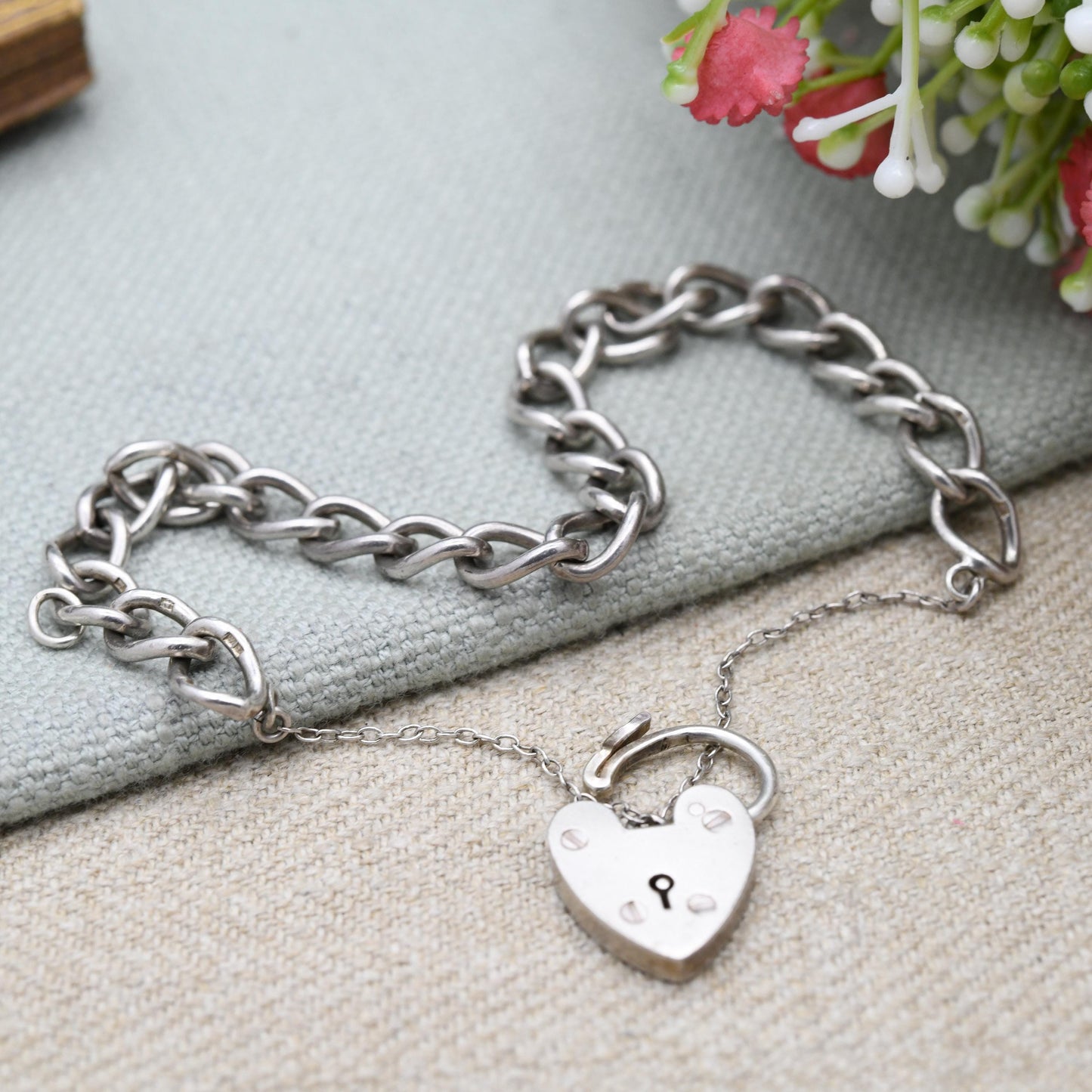 Vintage Sterling Silver Heart Padlock Clasp Chain Bracelet by Ward Brothers WBS - Chunky Curb Links with Safety Chain | UK Hallmarks
