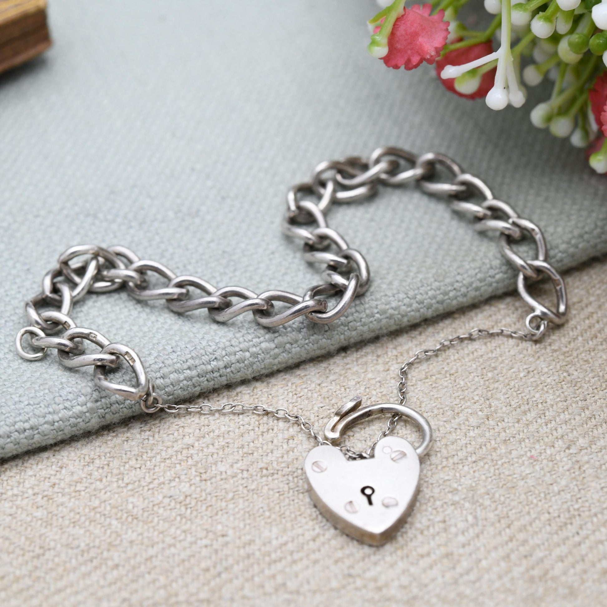 Vintage Sterling Silver Heart Padlock Clasp Chain Bracelet by Ward Brothers WBS - Chunky Curb Links with Safety Chain | UK Hallmarks