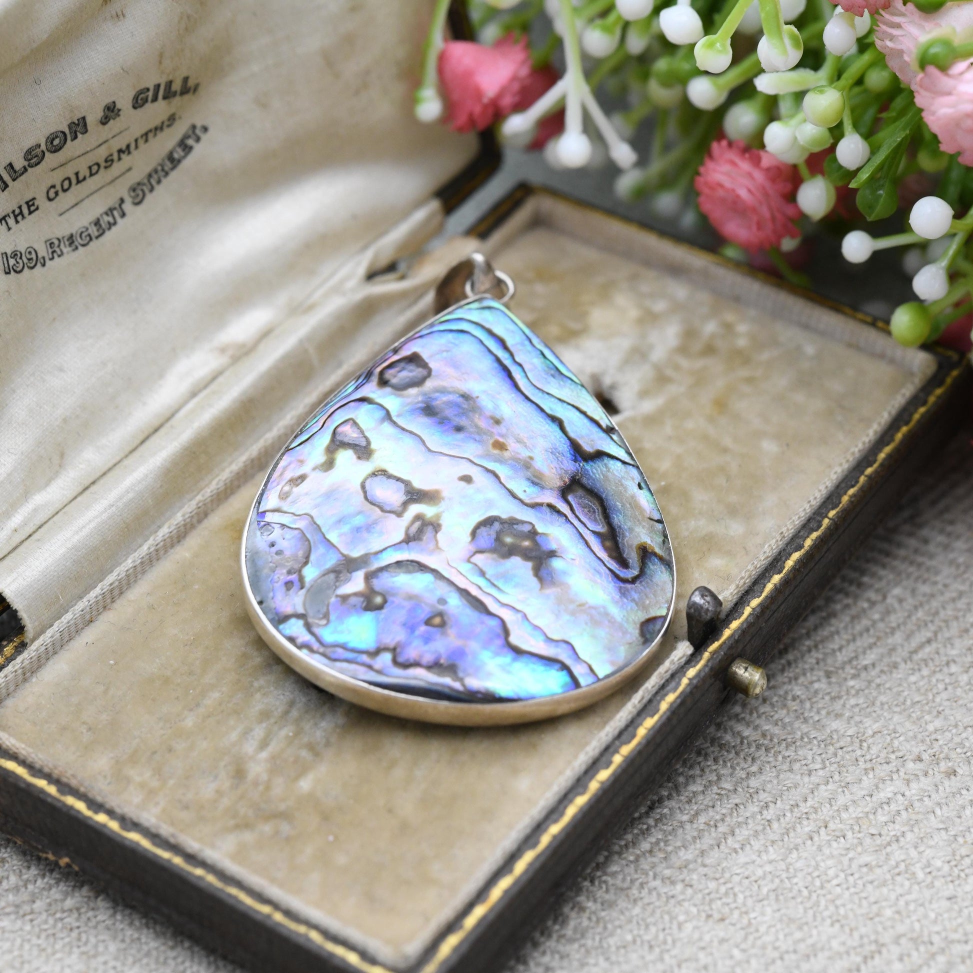 Vintage Sterling Silver Abalone Shell Pendant - Large Pretty Teardrop Shaped Jewellery | Gift for Pendant Necklace