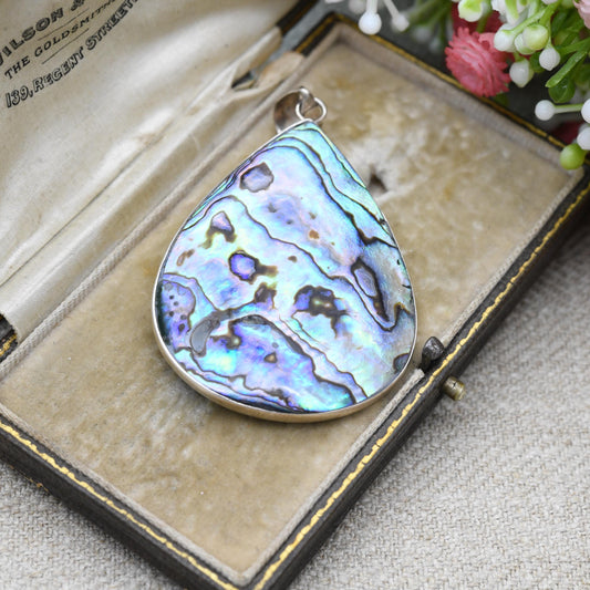 Vintage Sterling Silver Abalone Shell Pendant - Large Pretty Teardrop Shaped Jewellery | Gift for Pendant Necklace