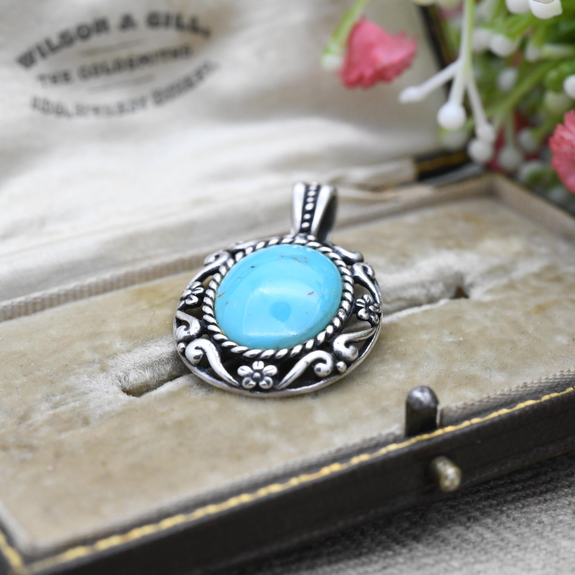 Carolyn Pollack Sterling Silver Turquoise Pendant Relios - Cabochon Large Blue Stone with Flower Border