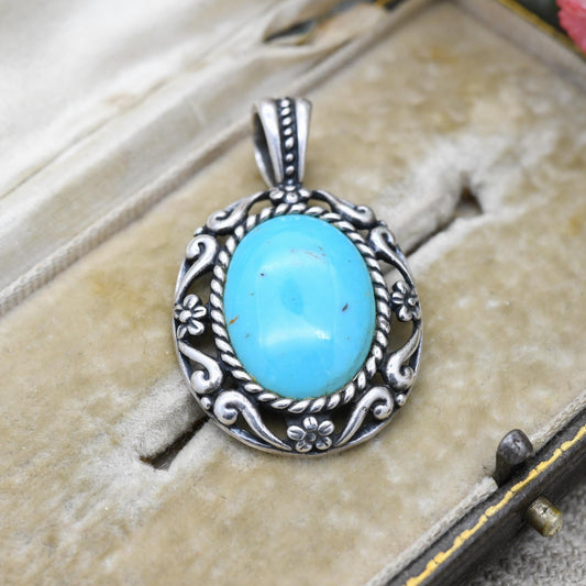 Carolyn Pollack Sterling Silver Turquoise Pendant Relios - Cabochon Large Blue Stone with Flower Border