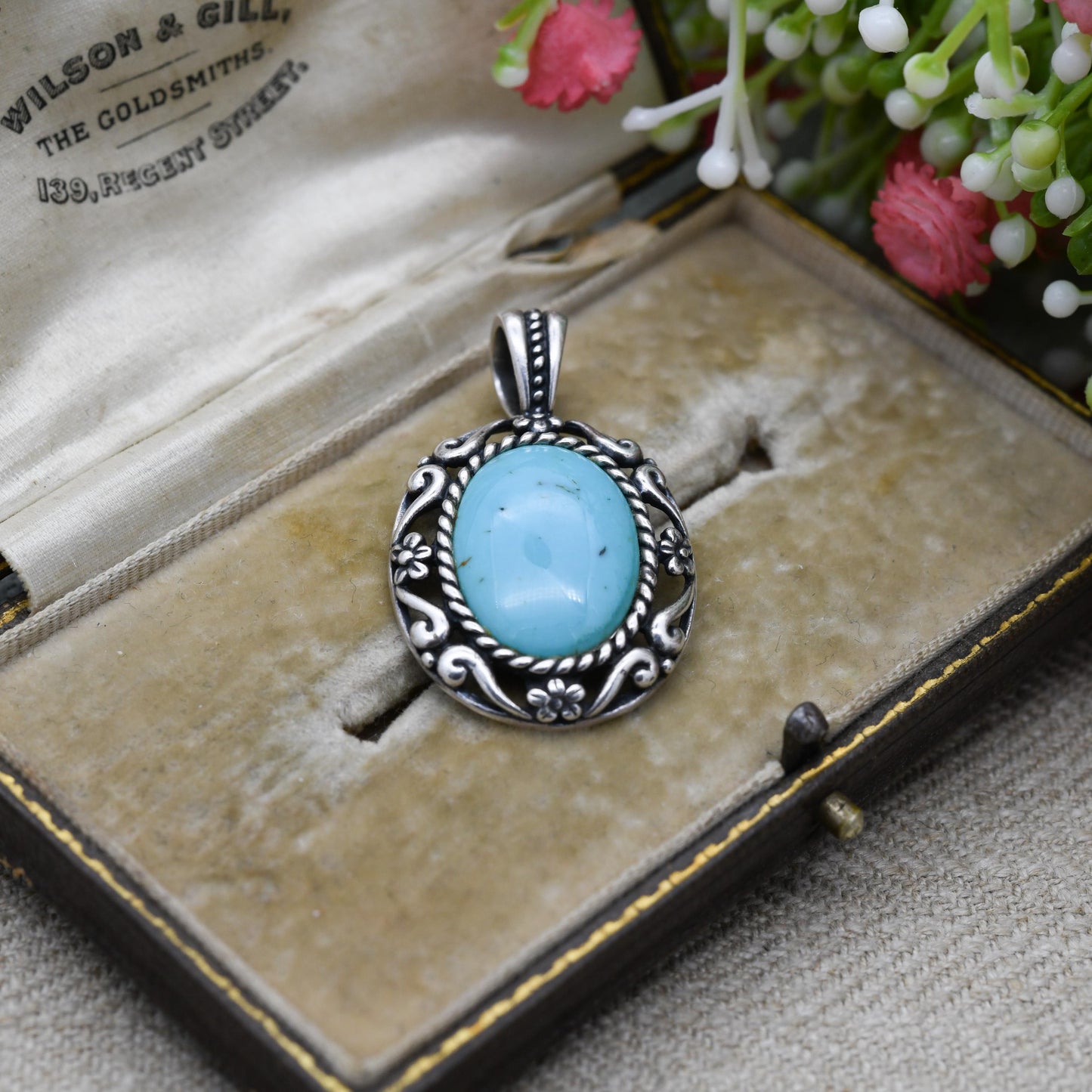 Carolyn Pollack Sterling Silver Turquoise Pendant Relios - Cabochon Large Blue Stone with Flower Border