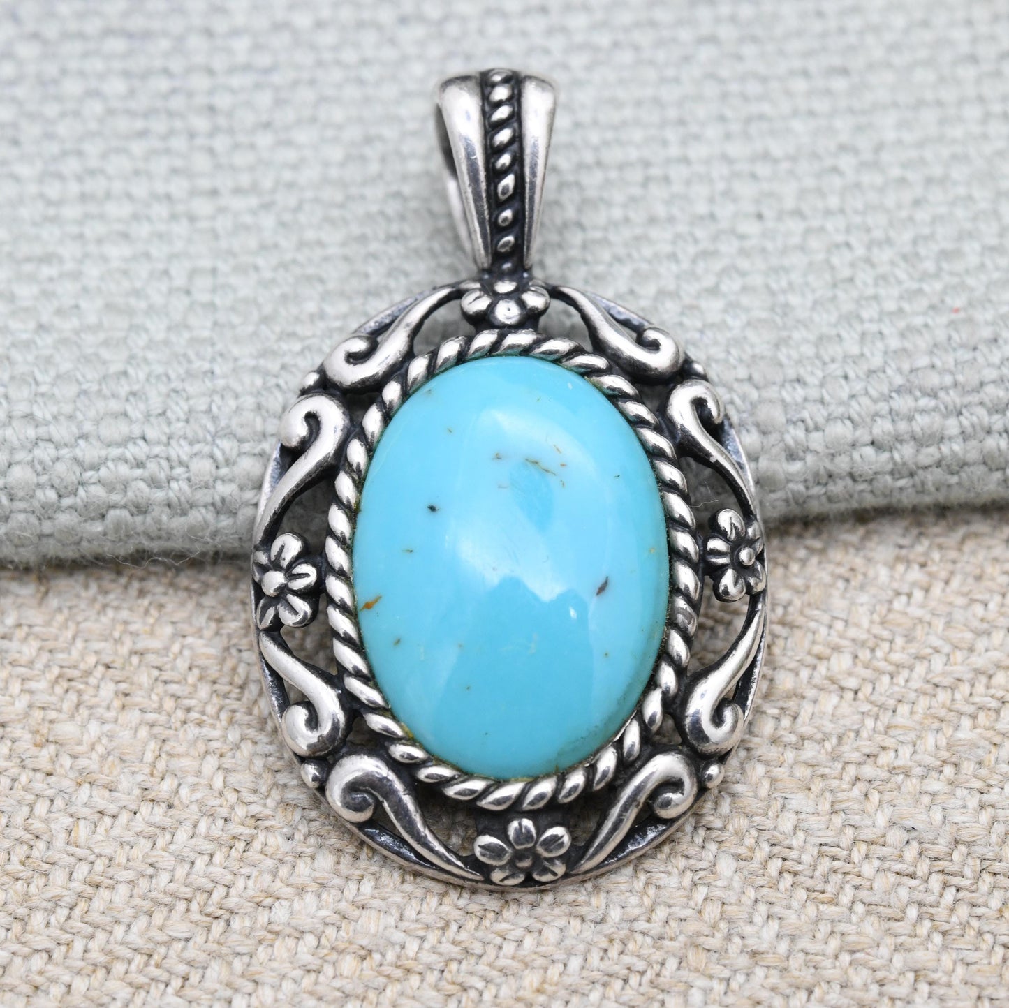 Carolyn Pollack Sterling Silver Turquoise Pendant Relios - Cabochon Large Blue Stone with Flower Border