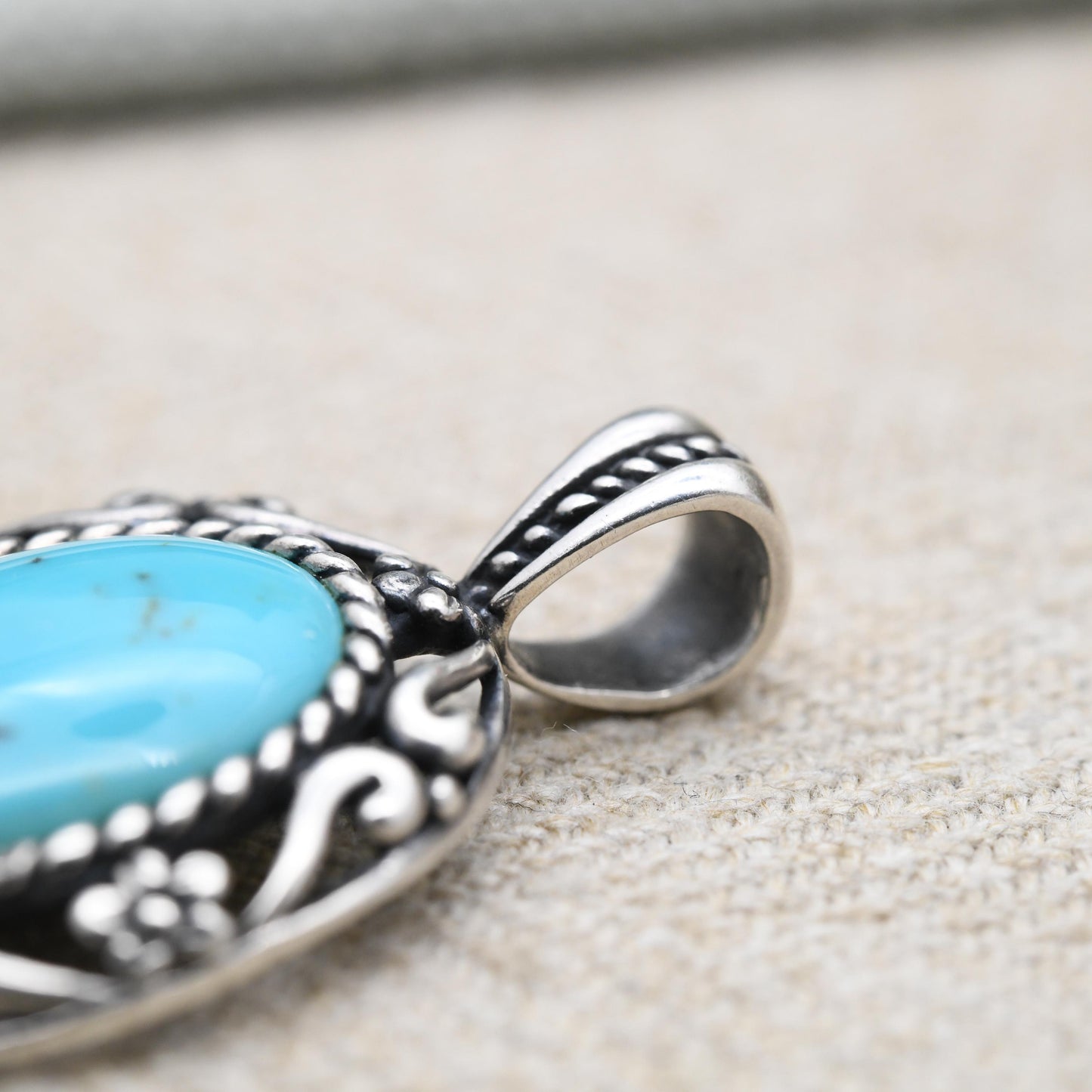 Carolyn Pollack Sterling Silver Turquoise Pendant Relios - Cabochon Large Blue Stone with Flower Border