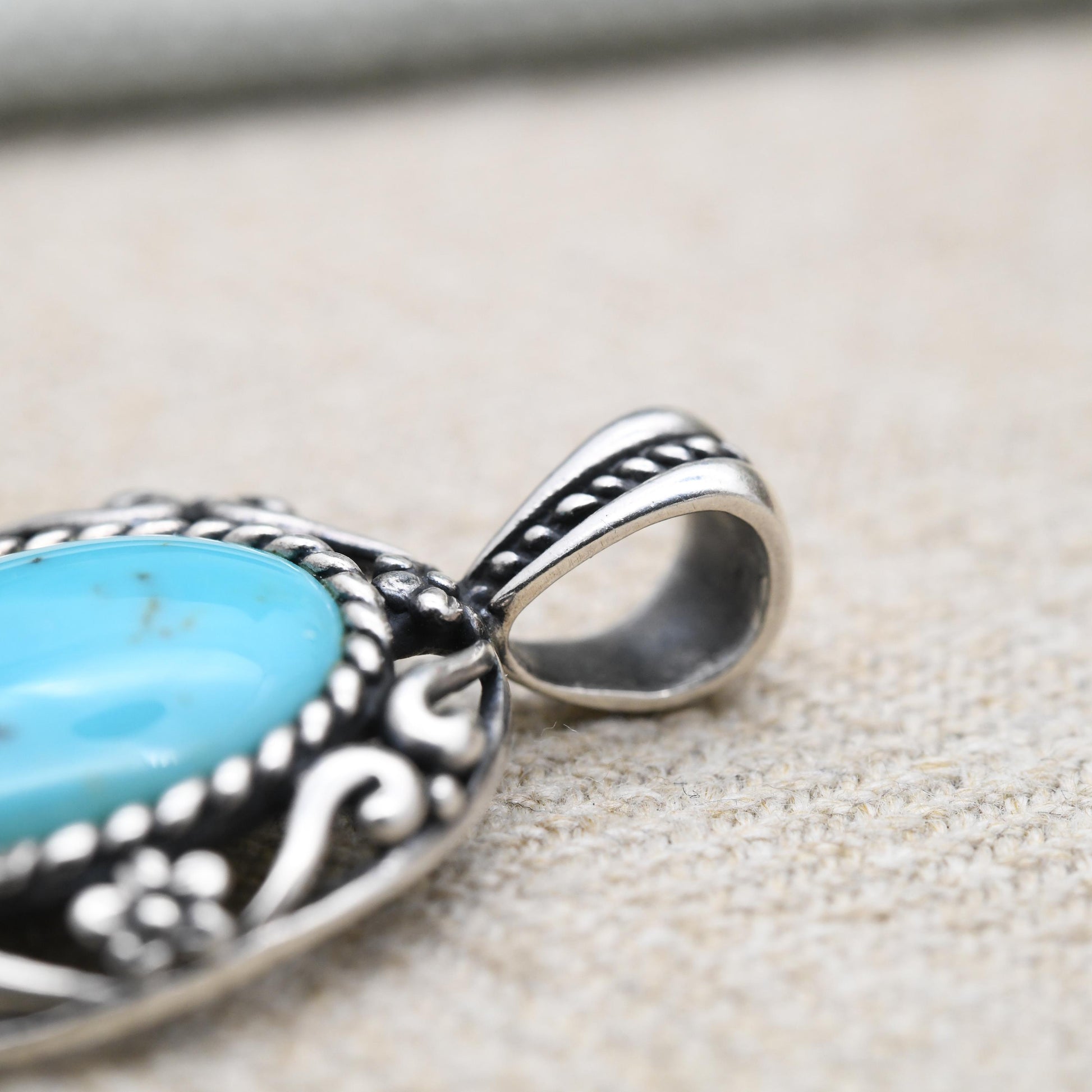 Carolyn Pollack Sterling Silver Turquoise Pendant Relios - Cabochon Large Blue Stone with Flower Border