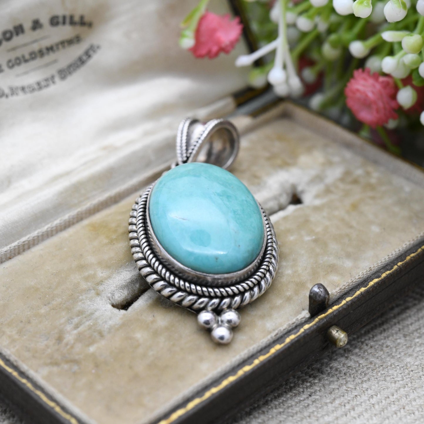 Suarti Sterling Silver Turquoise QVC Pendant - Cabochon Large Blue Stone with Rope Twist Surround | Gift for Pendant Necklace