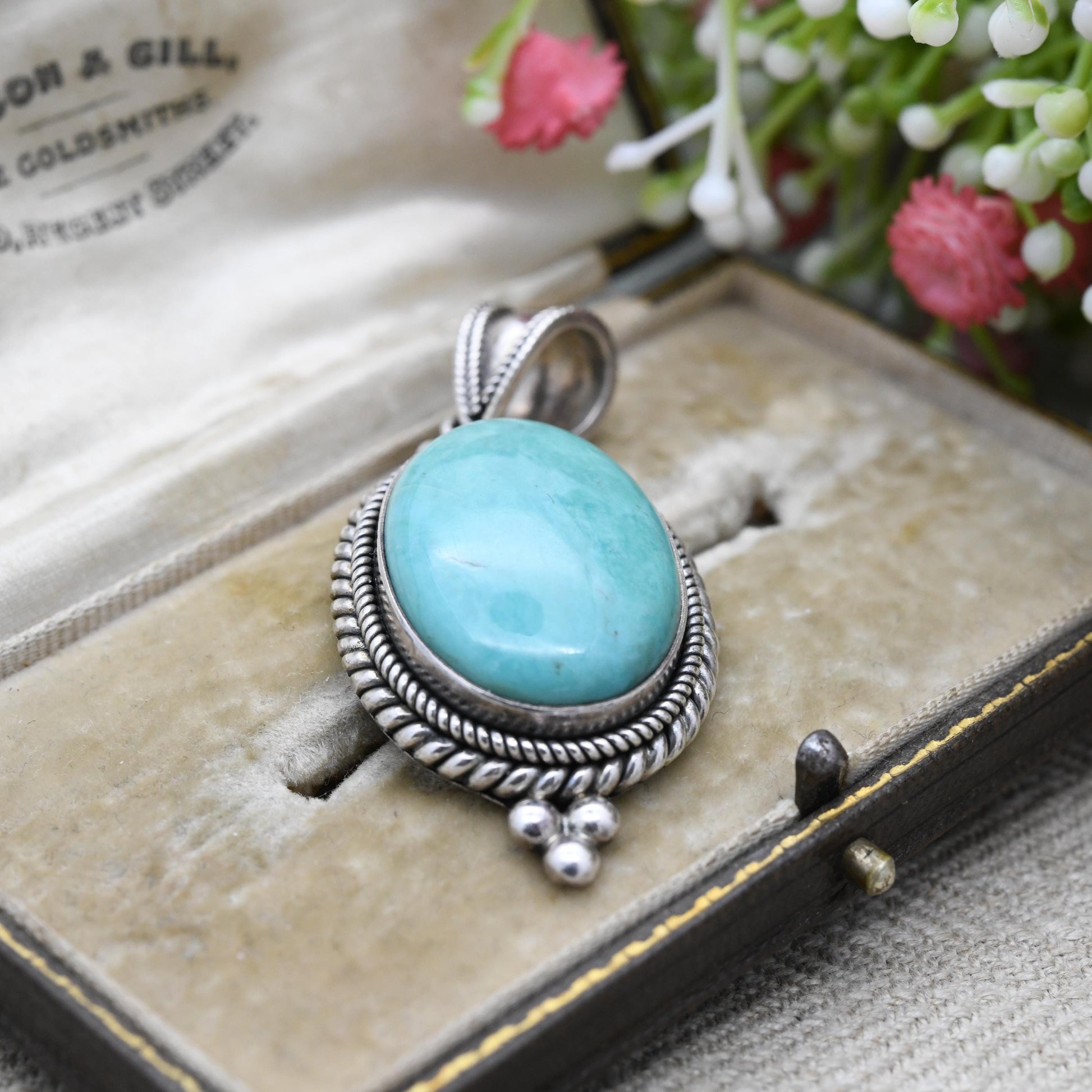 Suarti Sterling Silver Turquoise QVC Pendant - Cabochon Large Blue Stone with Rope Twist Surround | Gift for Pendant Necklace