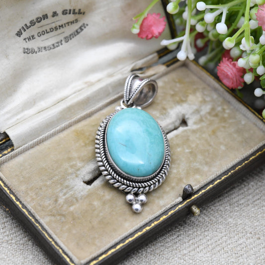 Suarti Sterling Silver Turquoise QVC Pendant - Cabochon Large Blue Stone with Rope Twist Surround | Gift for Pendant Necklace