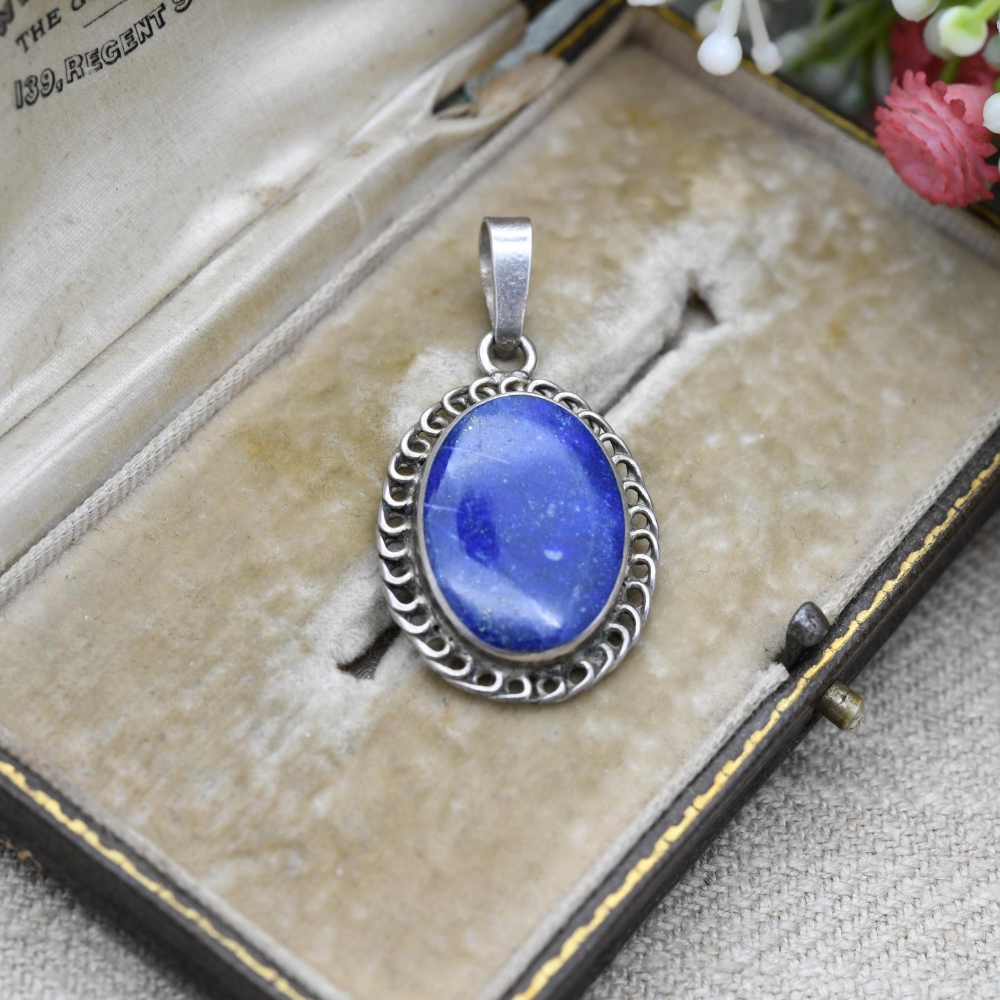 Vintage Sterling Silver Lapis Lazuli Pendant with Openwork Border Design - Blue and Gold Gemstone | Wirework | Gift for Pendant Necklace