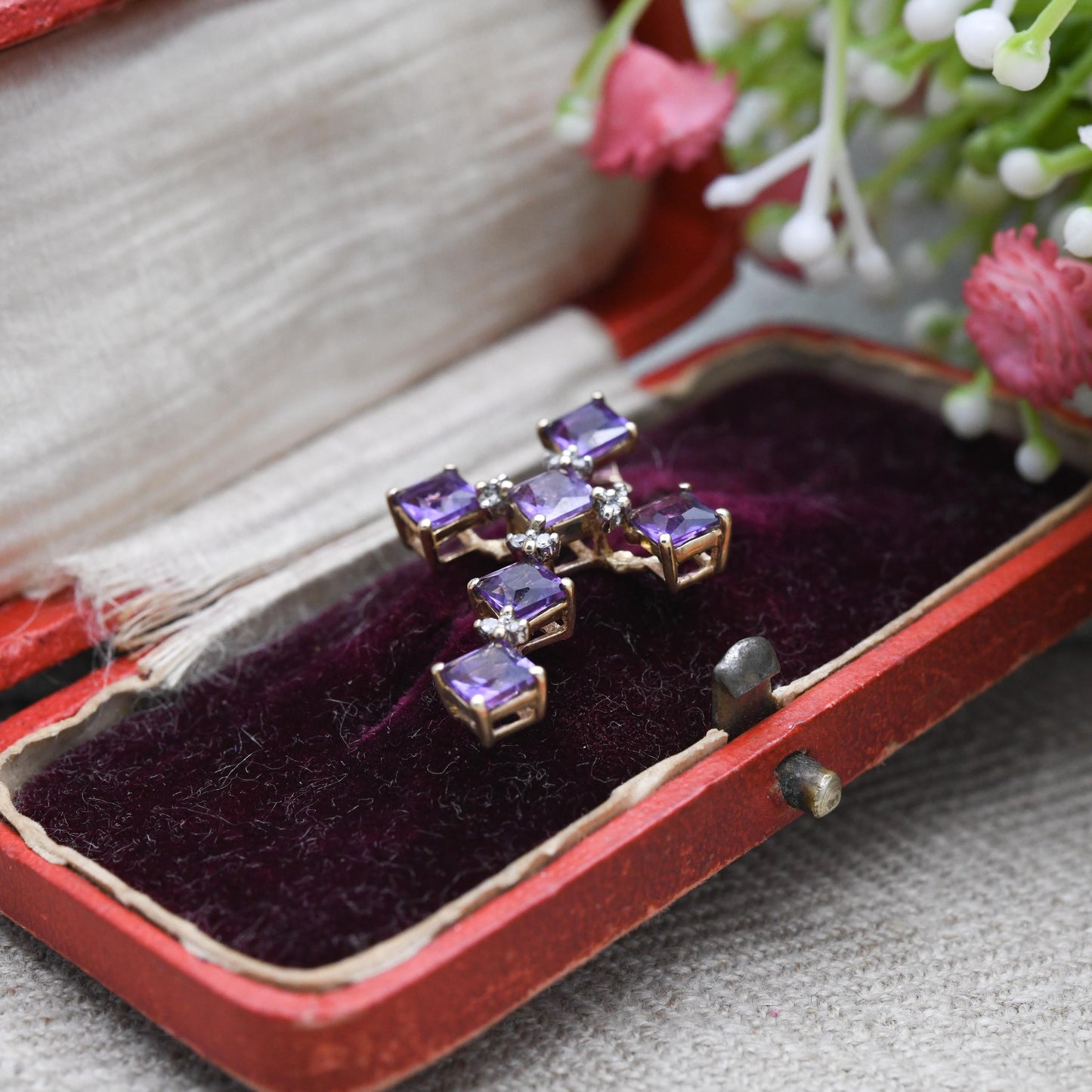 9ct Gold Amethyst and Diamond Cross Pendant - QVC | Religious Pendant | Pretty Gold Gift for Her