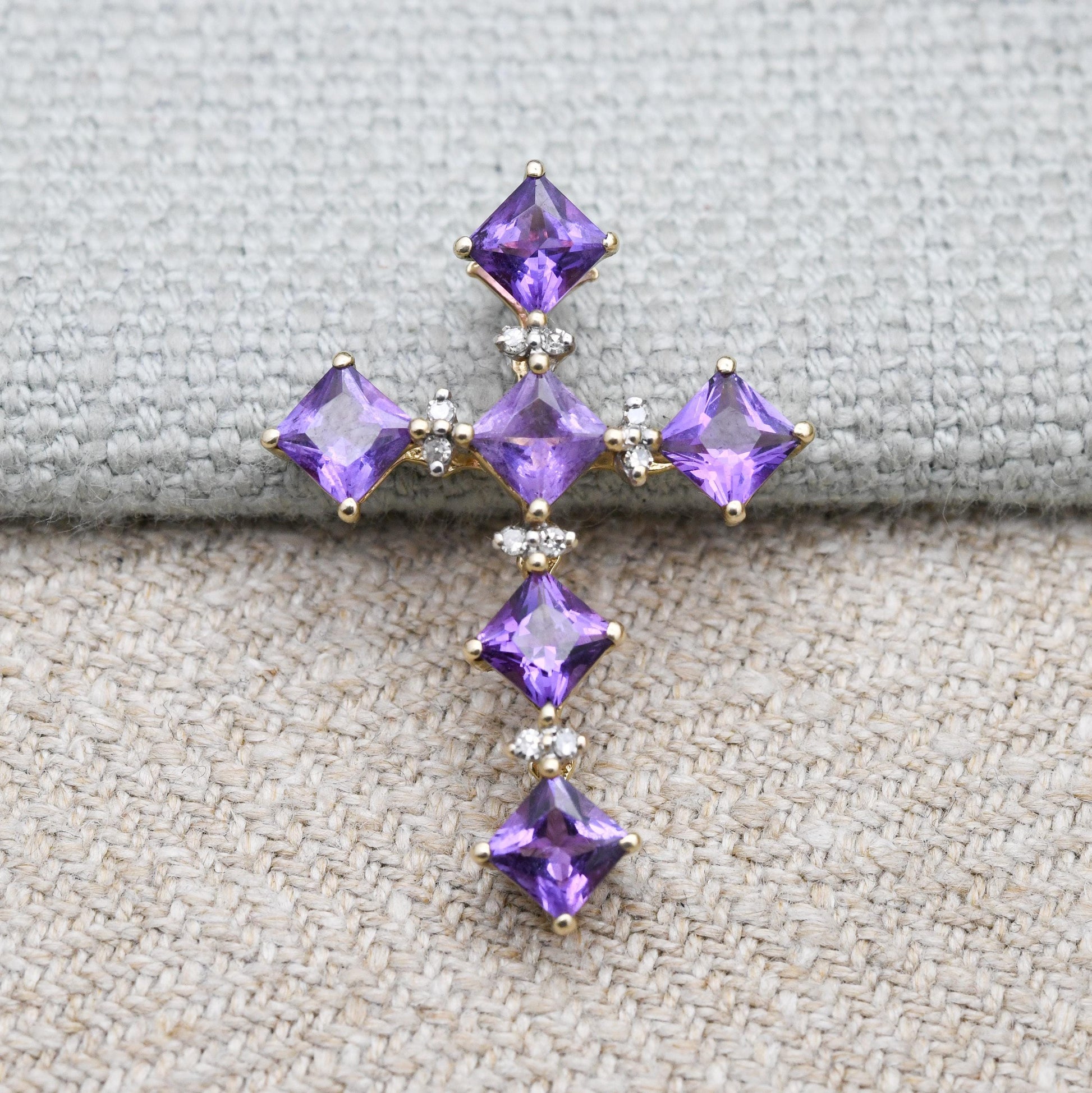 9ct Gold Amethyst and Diamond Cross Pendant - QVC | Religious Pendant | Pretty Gold Gift for Her