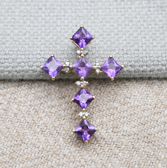 9ct Gold Amethyst and Diamond Cross Pendant - QVC | Religious Pendant | Pretty Gold Gift for Her