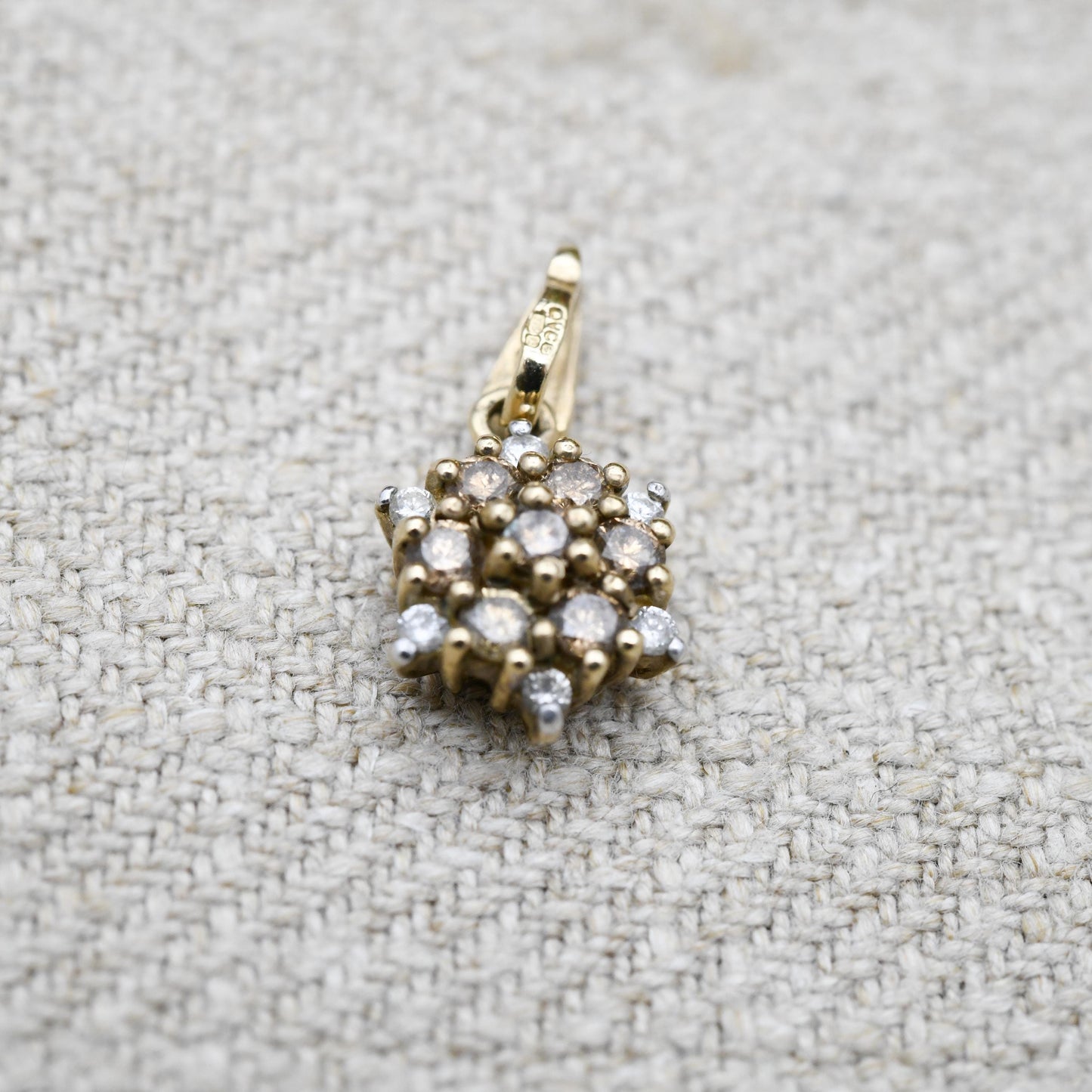 QVC 9ct Gold Diamond Cluster Pendant - Champagne and Clear Stones | Charm for Necklace Stack