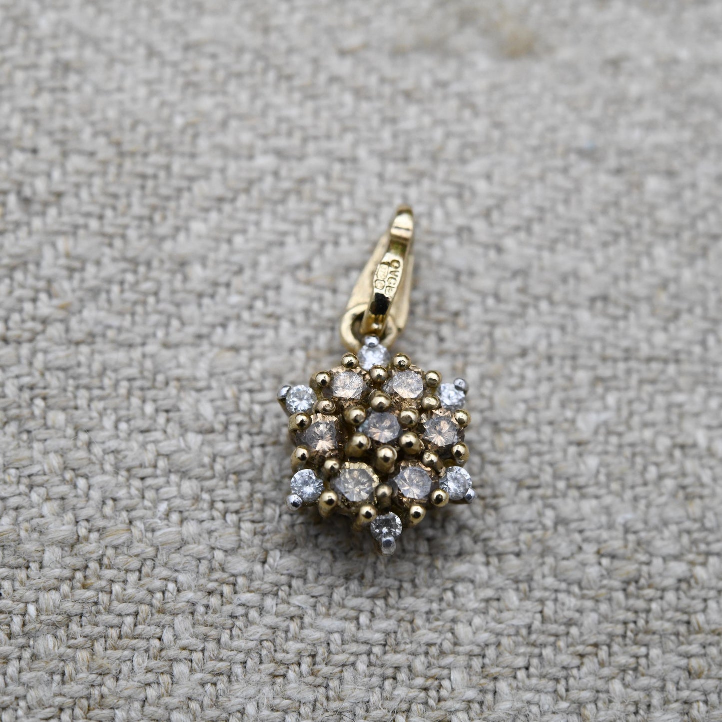 QVC 9ct Gold Diamond Cluster Pendant - Champagne and Clear Stones | Charm for Necklace Stack