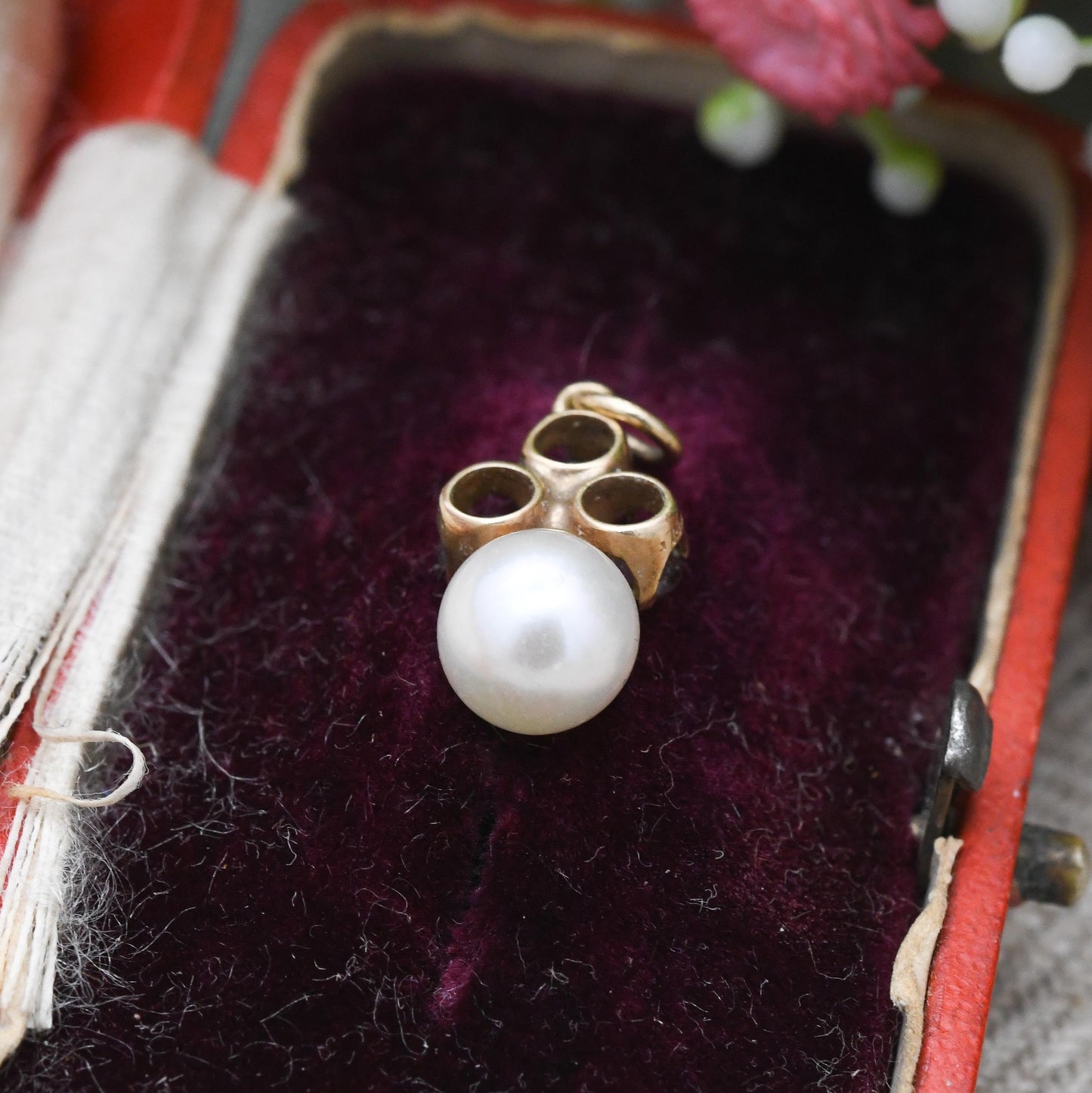 Vintage 9ct Gold Garnet Pearl Pendant 1990 - Miniature Charm with Red Stone | Gift for Charm Pendant Necklace