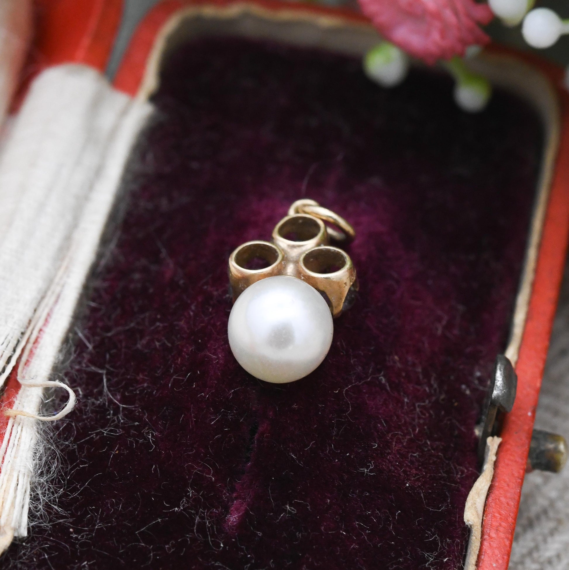 Vintage 9ct Gold Garnet Pearl Pendant 1990 - Miniature Charm with Red Stone | Gift for Charm Pendant Necklace