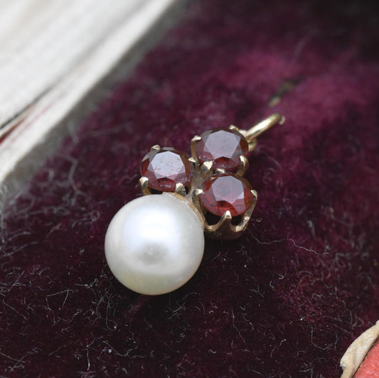 Vintage 9ct Gold Garnet Pearl Pendant 1990 - Miniature Charm with Red Stone | Gift for Charm Pendant Necklace