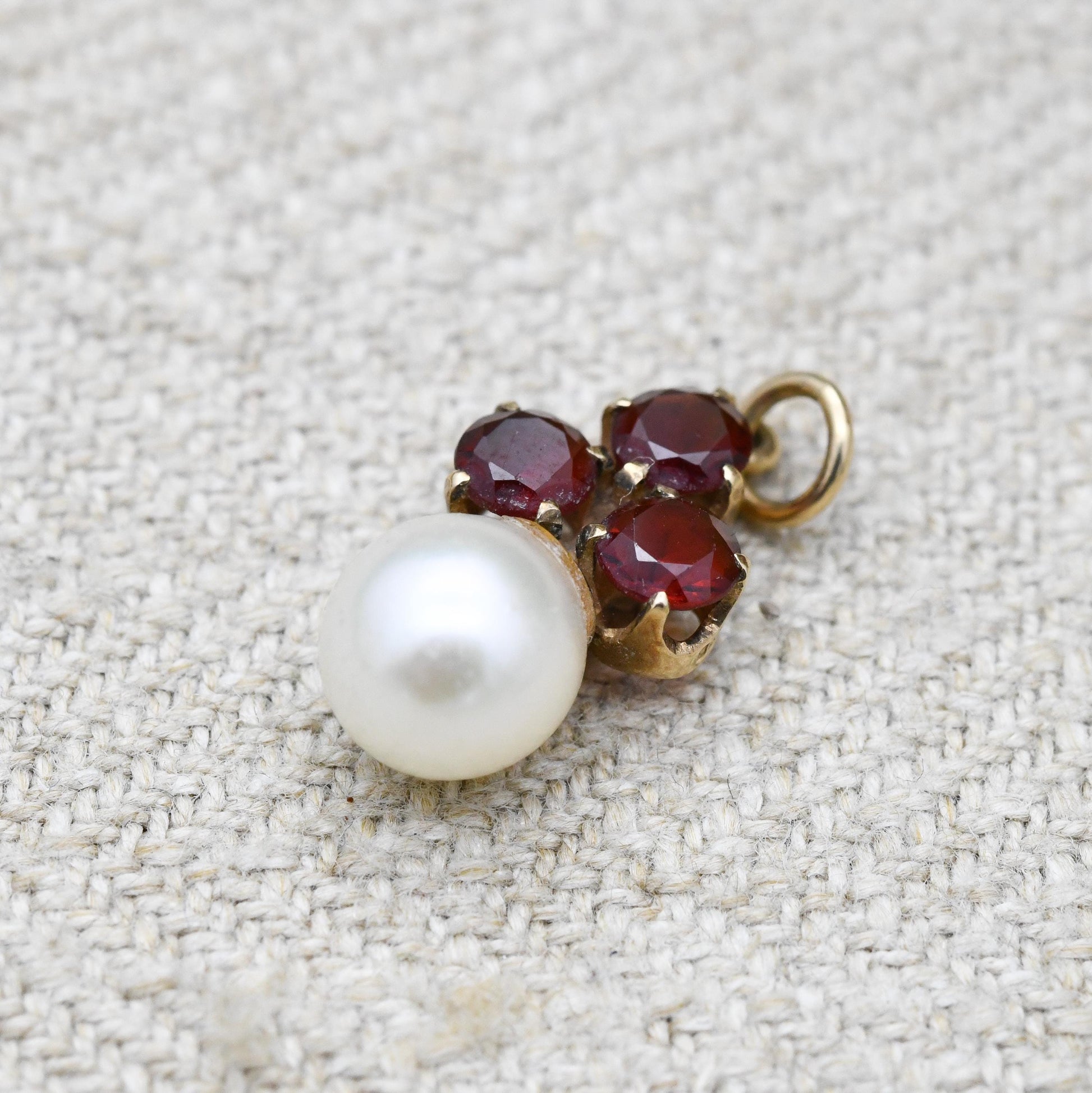 Vintage 9ct Gold Garnet Pearl Pendant 1990 - Miniature Charm with Red Stone | Gift for Charm Pendant Necklace