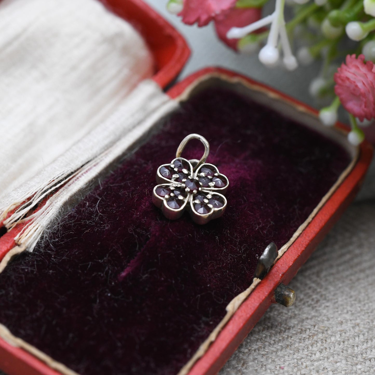 Vintage Silver Gilt Red Garnet Pendant - Miniature Shamrock Charm with Red Stone | Celtic | Irish | Gift for Pendant Charm Necklace
