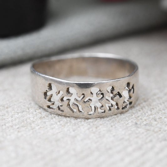 Vintage Sterling Silver Figure Band Ring - Cut Out Dancing Men Ring | Unisex | Everyday | UK Size - T | US Size - 9 1/4